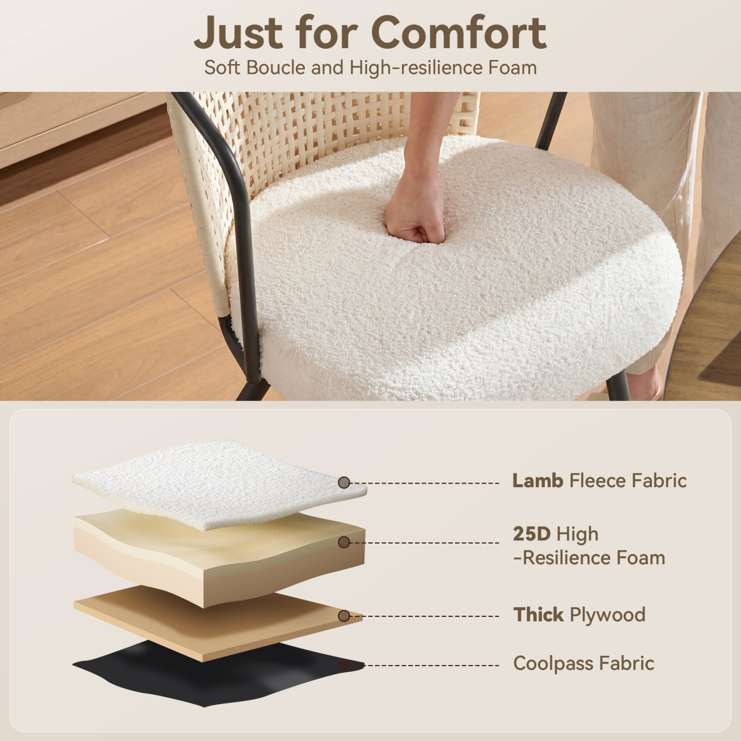 Sailvan Dining Chair Set, Accent Rattan Dining Room Chairs, Modern Kitchen Chairs with Lamb Fleece Cushion, Mid Century Style Living Room Chairs, Easy Assembly, Beige