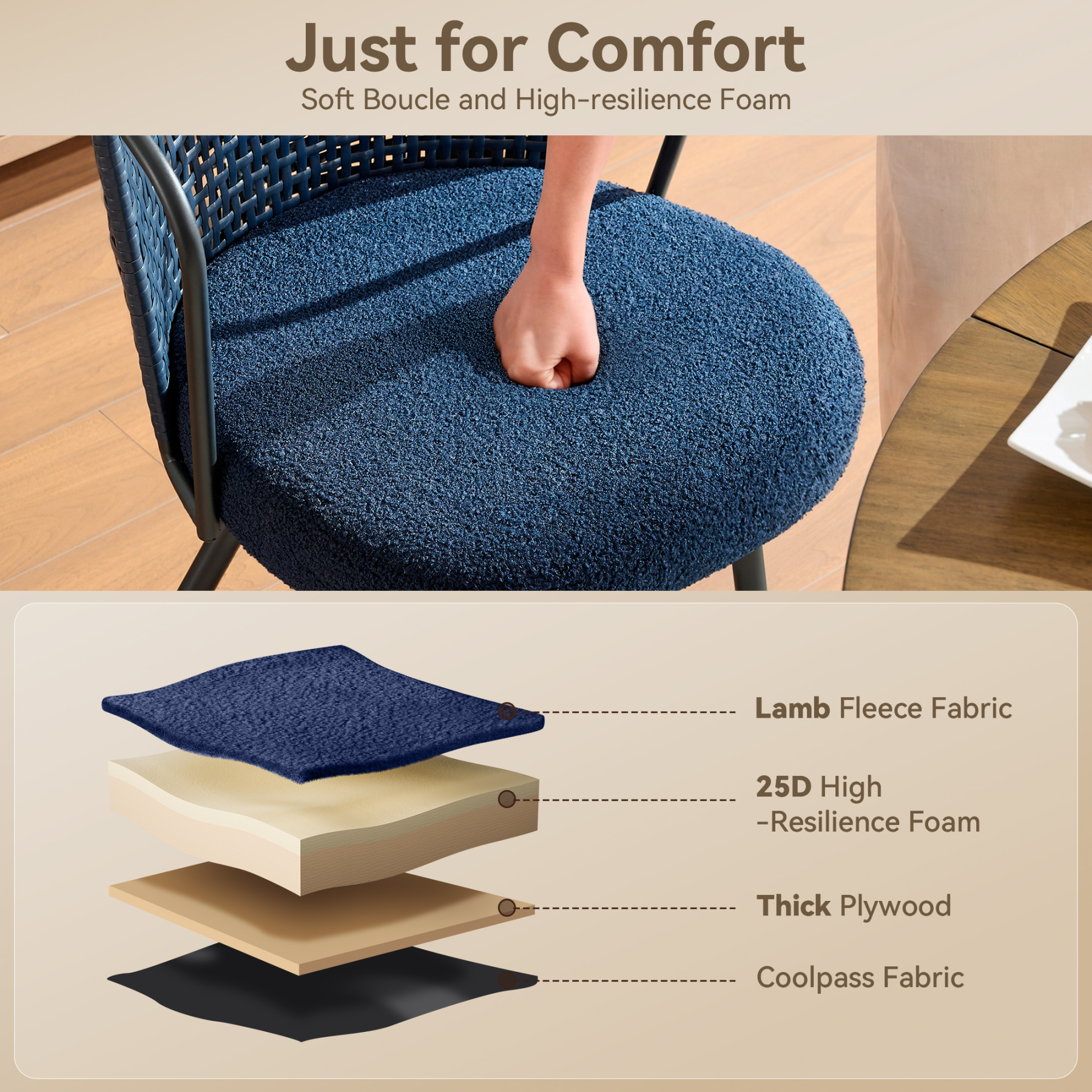 Sailvan Rattan Dining Chair Set, Accent Dining Room Chairs, Modern Kitchen Chairs with Lamb Fleece Cushion, Mid Century Style Living Room Chairs, Easy Assembly, Dark blue