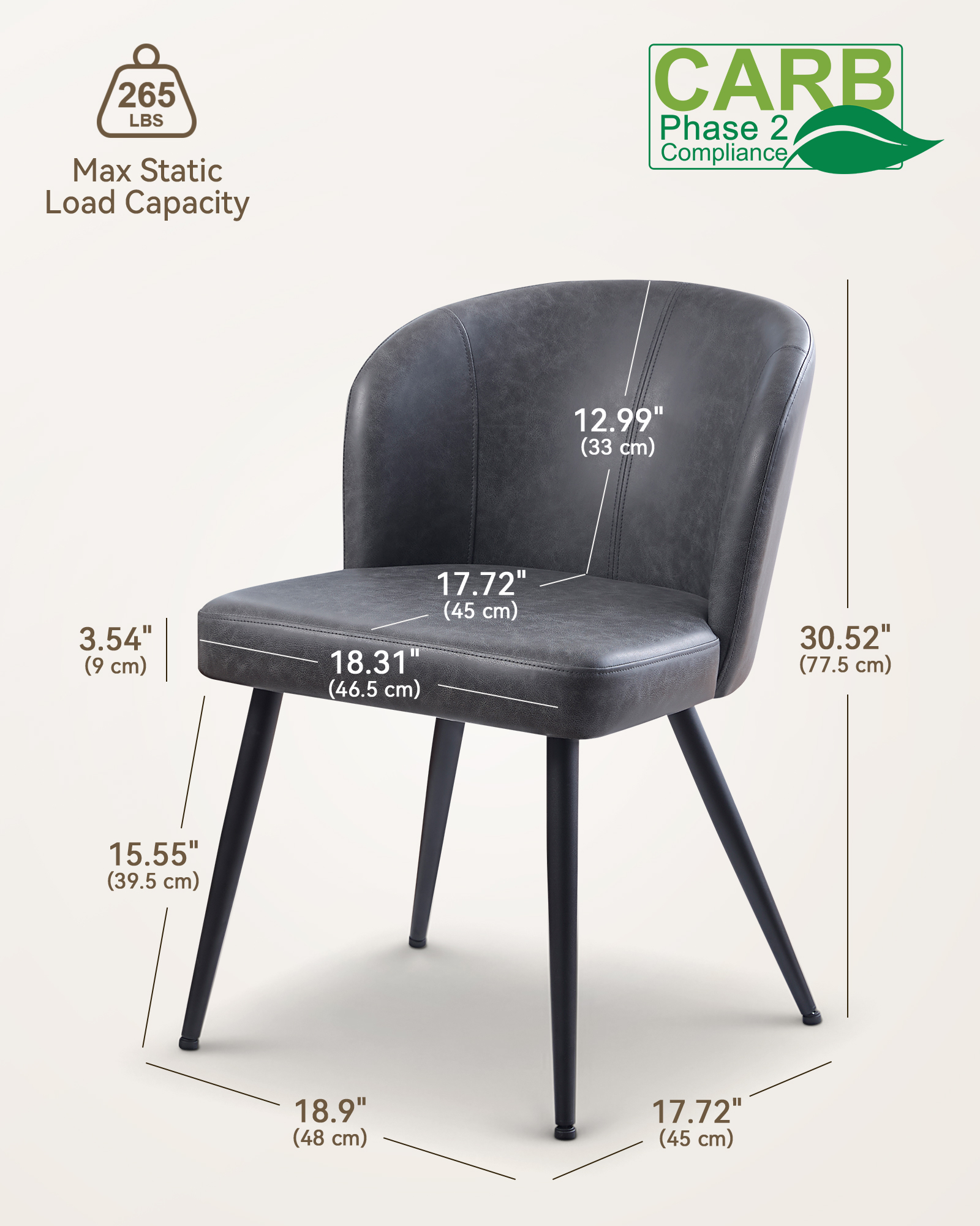 Sailvan Gray Dining Chairs Set, Modern Living Room Chairs, Leather Kitchen Chairs, Mid Century Style Upholstered Chairs for Dining room, With Cushion Seat And Metal Legs, Easy Assembly