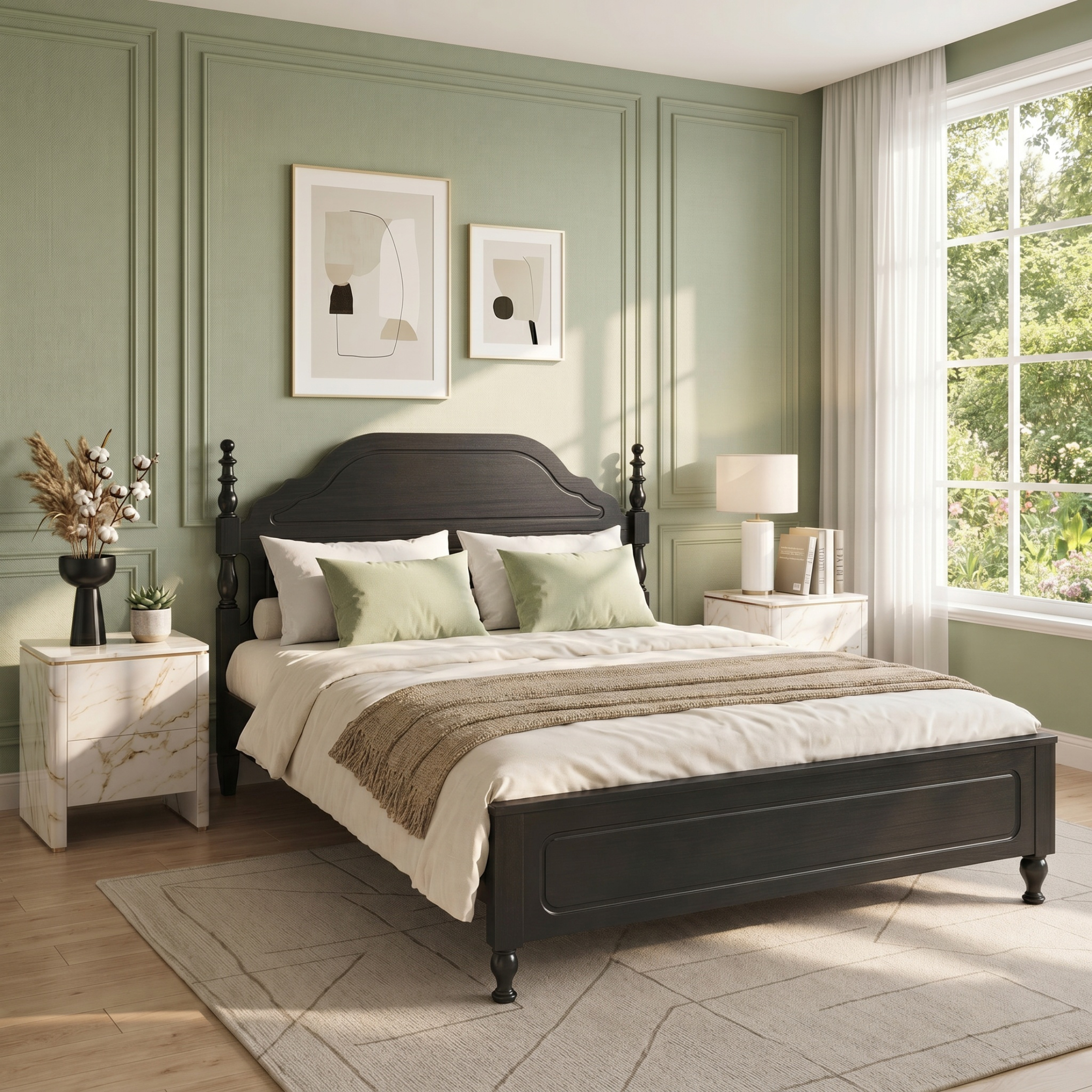 Sailvan Queen Solid Bed Frame with Headboard, Wooden Platform Bed Frame Queen Size with 12" Under Storage, No Box Spring Needed, Noise Free, 1000lbs, Black