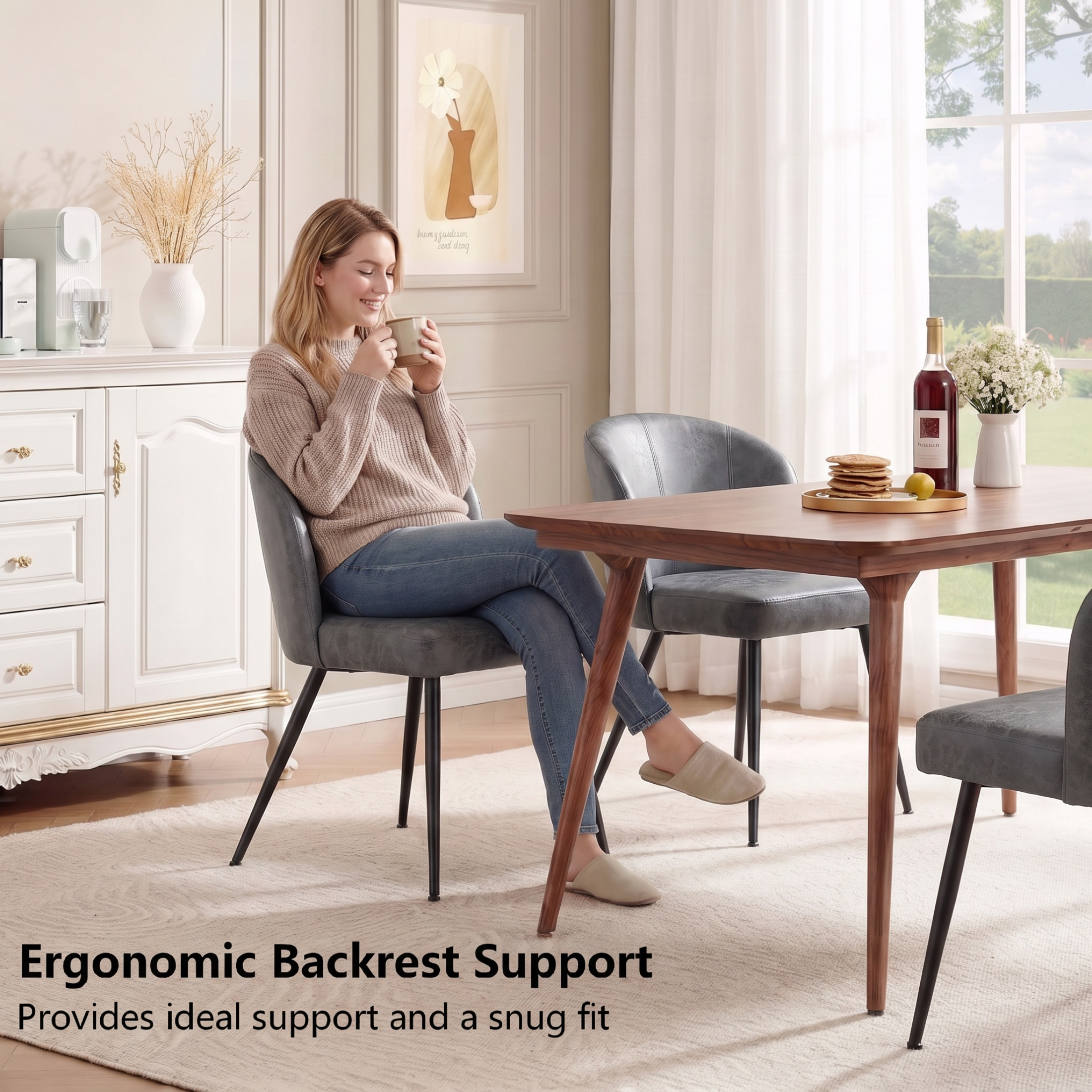 Sailvan Gray Dining Chairs Set, Modern Living Room Chairs, Leather Kitchen Chairs, Mid Century Style Upholstered Chairs for Dining room, With Cushion Seat And Metal Legs, Easy Assembly