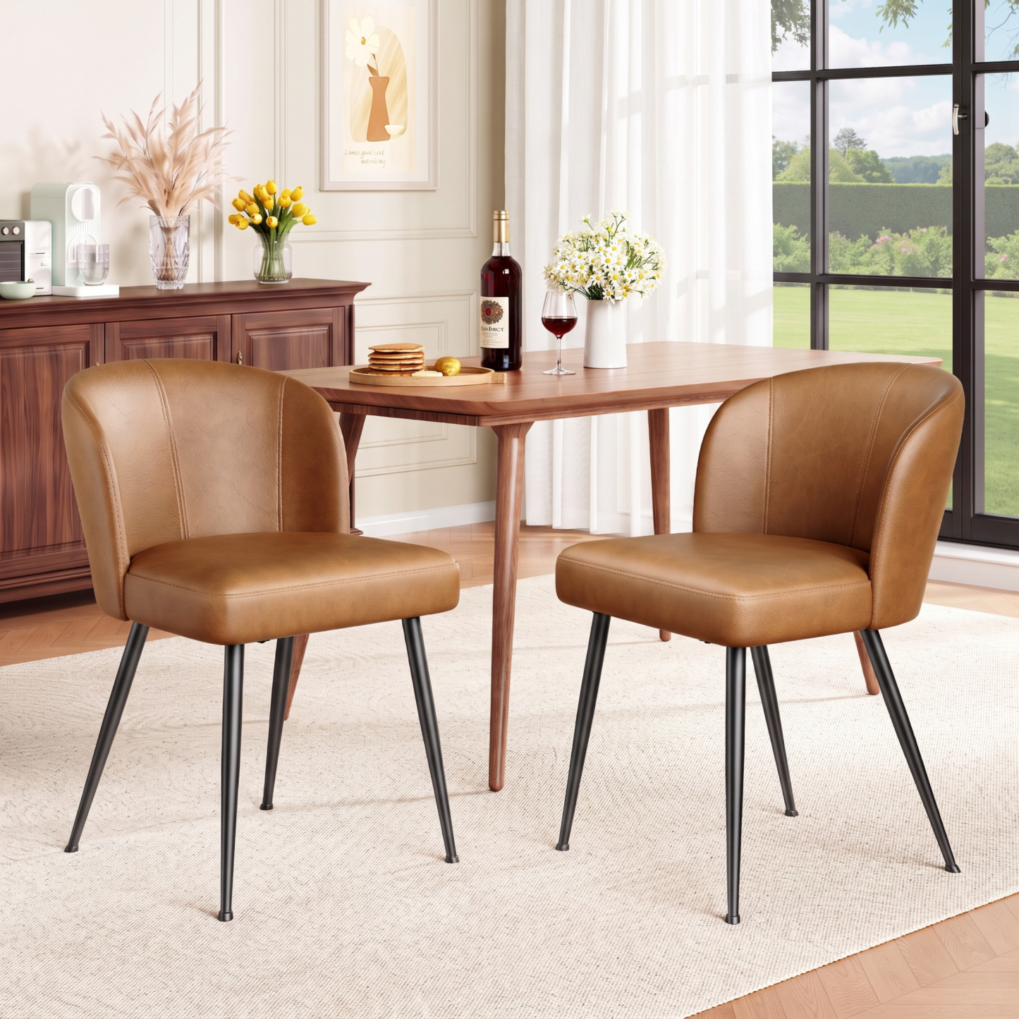Sailvan Dining Chairs Set, Modern Living Room Chairs, Leather Kitchen Chairs, Mid Century Style Upholstered Chairs for Dining room, With Cushion Seat And Metal Legs, Easy Assembly, Brown