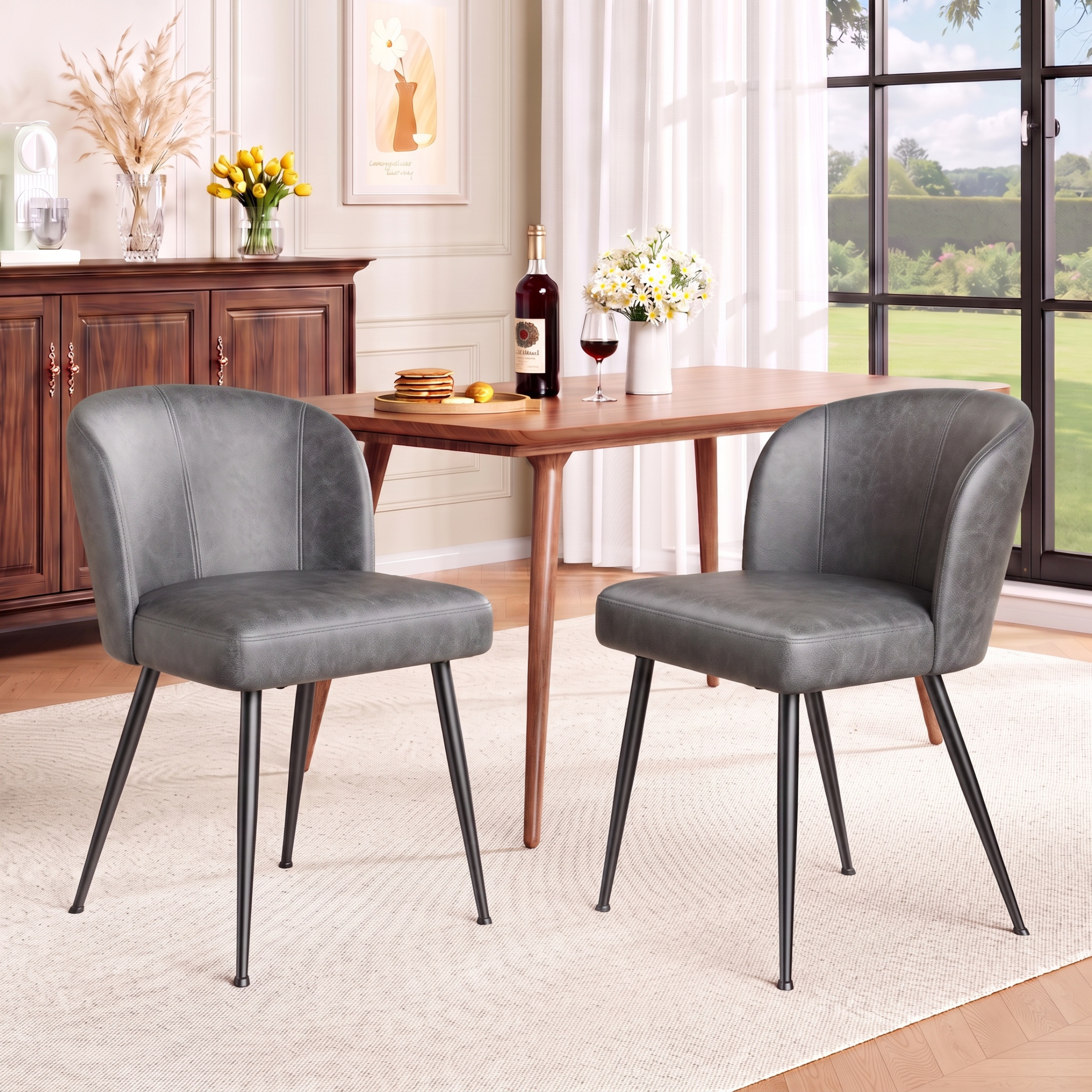 Sailvan Gray Dining Chairs Set, Modern Living Room Chairs, Leather Kitchen Chairs, Mid Century Style Upholstered Chairs for Dining room, With Cushion Seat And Metal Legs, Easy Assembly