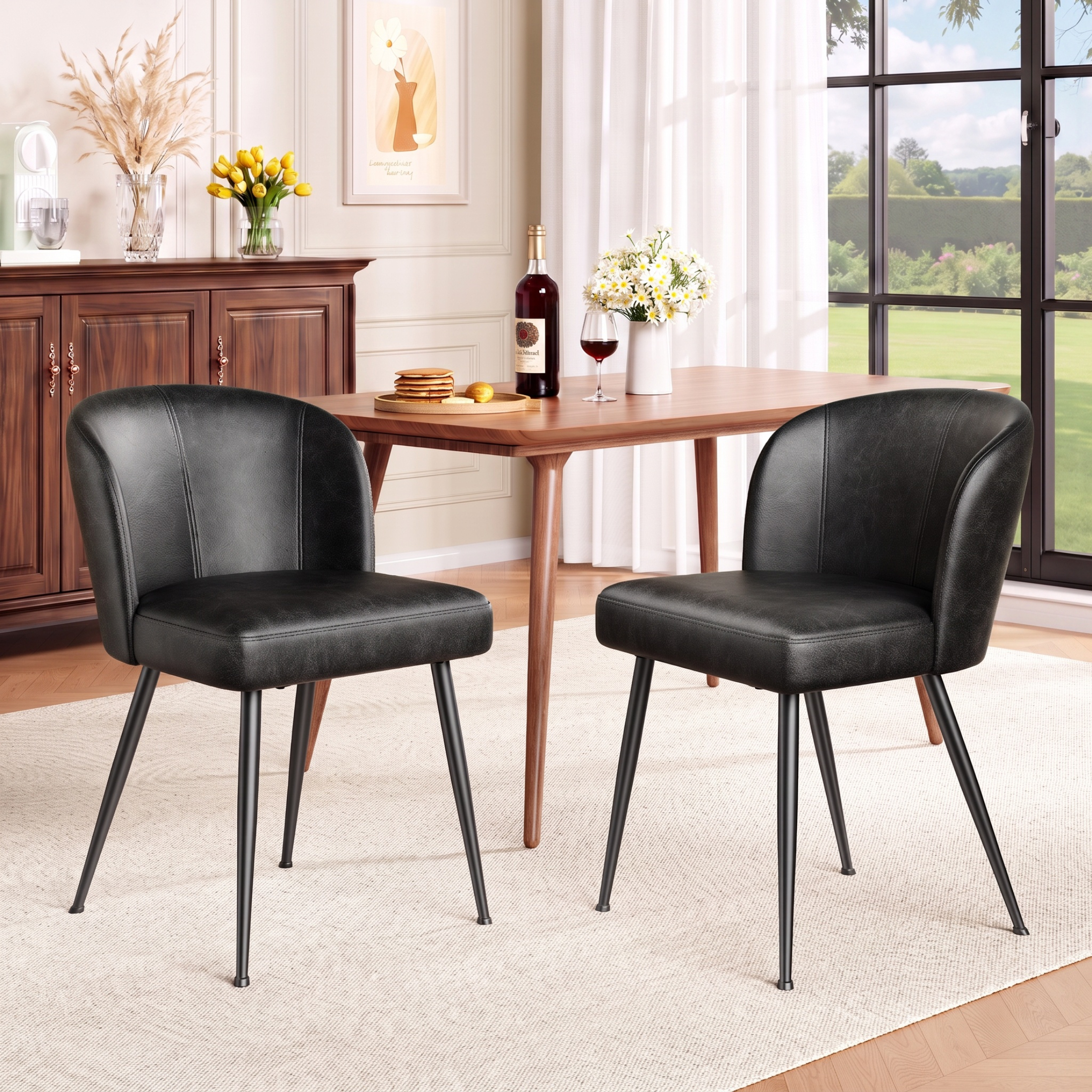 Sailvan Dining Chairs Set, Modern Living Room Chairs, Leather Kitchen Chairs, Mid Century Style Upholstered Chairs for Dining room, With Cushion Seat And Metal Legs, Easy Assembly, Black