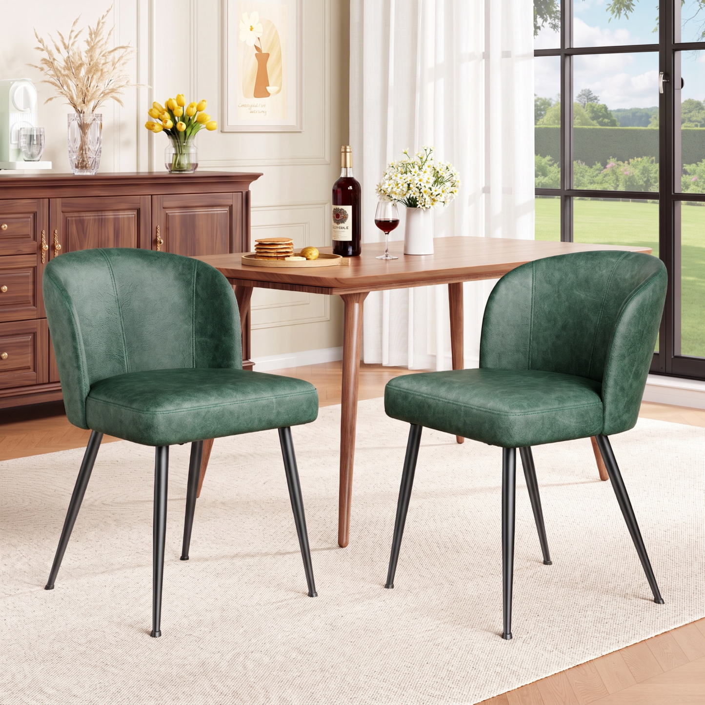 Sailvan Dining Chairs Set, Modern Living Room Chairs, Leather Kitchen Chairs, Mid Century Style Upholstered Chairs for Dining room, With Cushion Seat And Metal Legs, Easy Assembly, Green