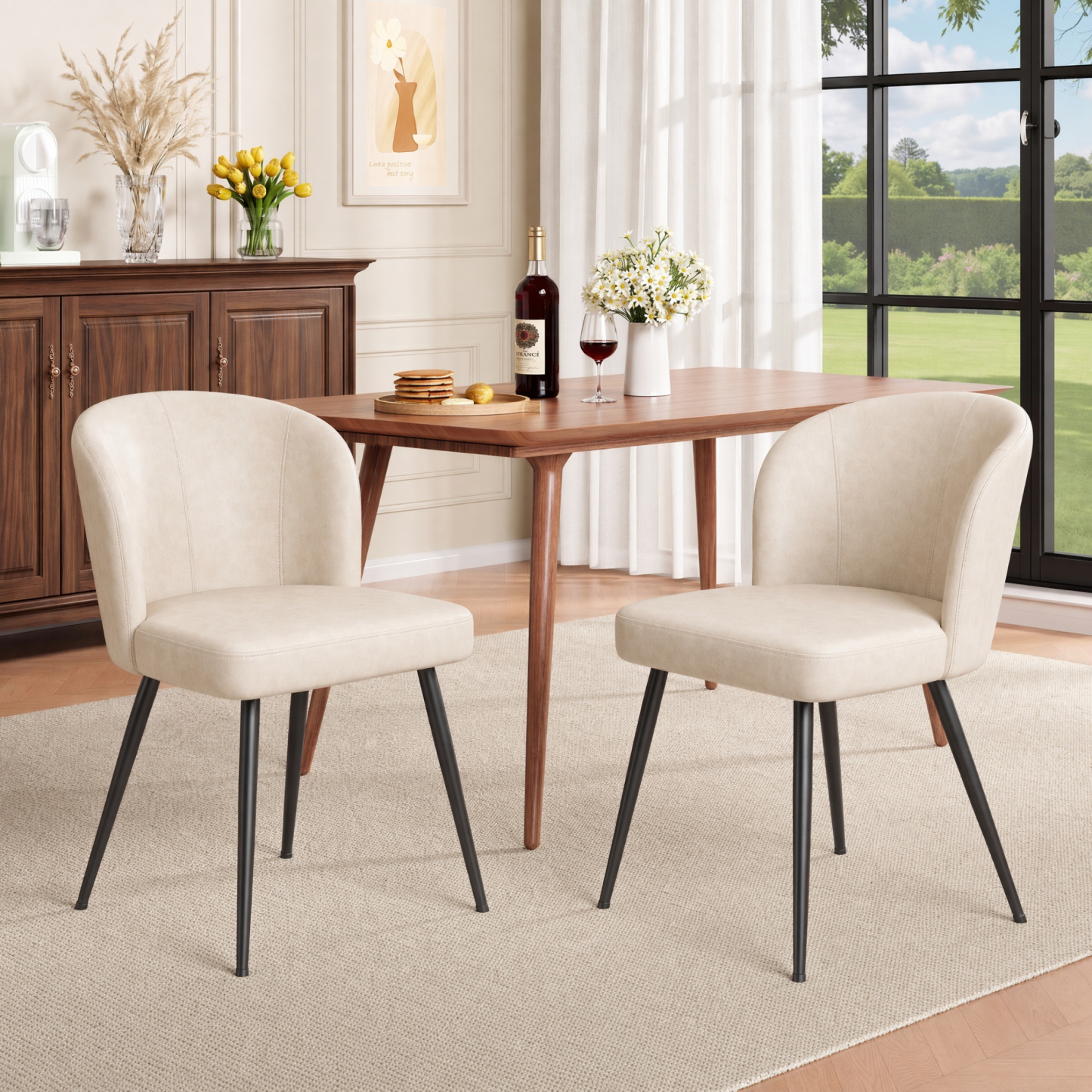 Sailvan Beige Dining Chairs Set, Modern Living Room Chairs, Leather Kitchen Chairs, Mid Century Style Upholstered Chairs for Dining room, With Cushion Seat And Metal Legs, Easy Assembly