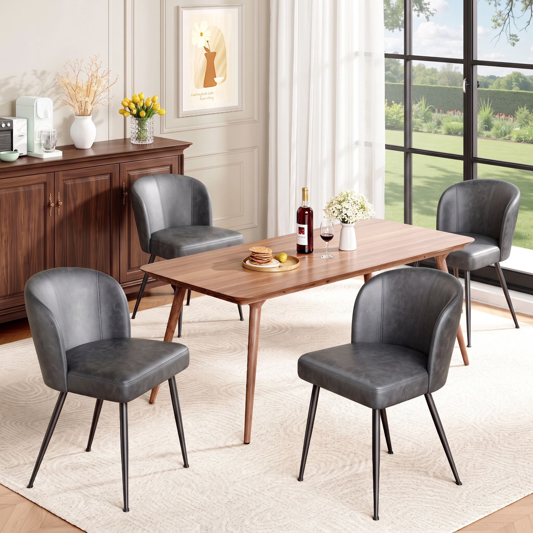 Sailvan Gray Dining Chairs Set, Modern Living Room Chairs, Leather Kitchen Chairs, Mid Century Style Upholstered Chairs for Dining room, With Cushion Seat And Metal Legs, Easy Assembly