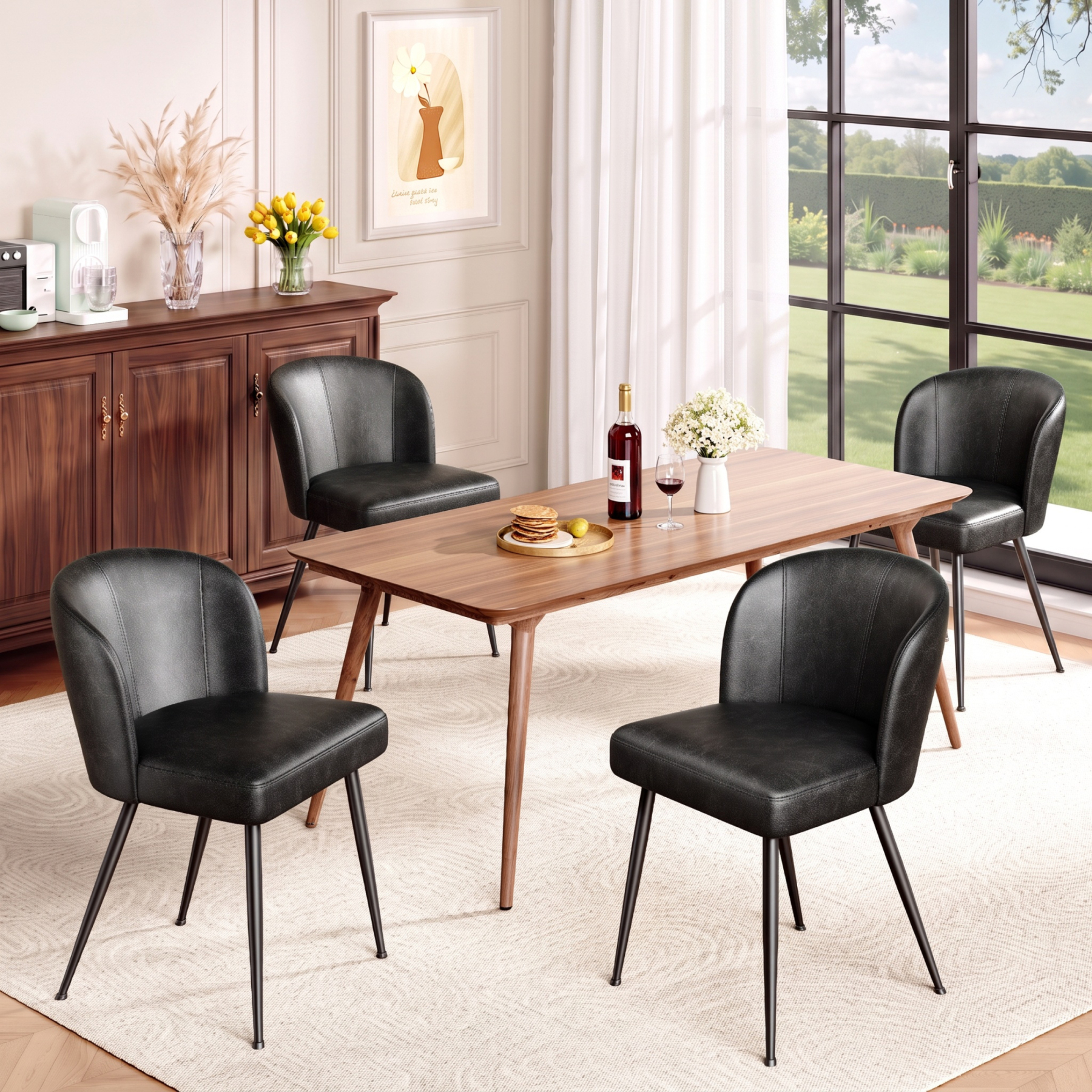 Sailvan Dining Chairs Set, Modern Living Room Chairs, Leather Kitchen Chairs, Mid Century Style Upholstered Chairs for Dining room, With Cushion Seat And Metal Legs, Easy Assembly, Black