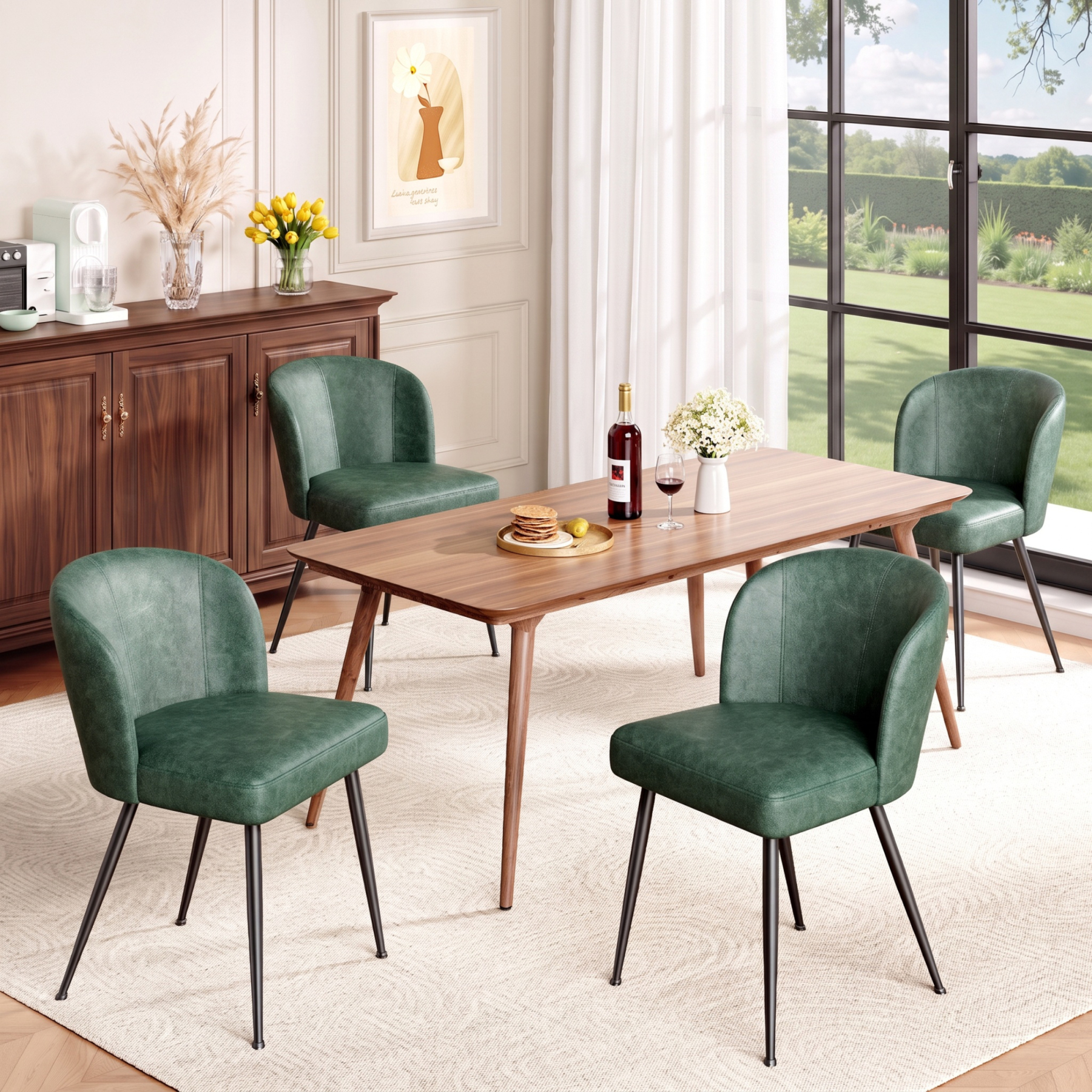 Sailvan Dining Chairs Set, Modern Living Room Chairs, Leather Kitchen Chairs, Mid Century Style Upholstered Chairs for Dining room, With Cushion Seat And Metal Legs, Easy Assembly, Green