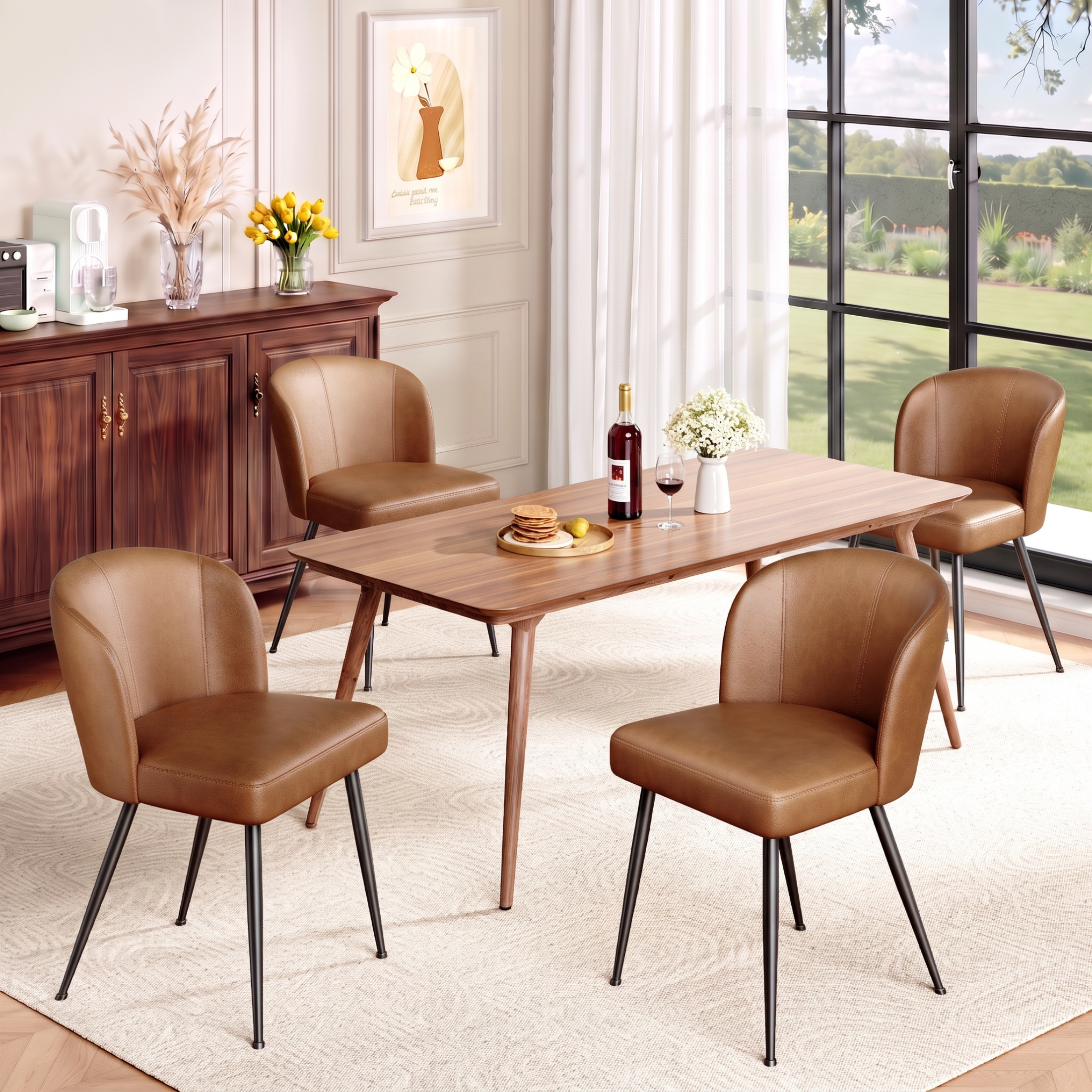 Sailvan Dining Chairs Set, Modern Living Room Chairs, Leather Kitchen Chairs, Mid Century Style Upholstered Chairs for Dining room, With Cushion Seat And Metal Legs, Easy Assembly, Brown