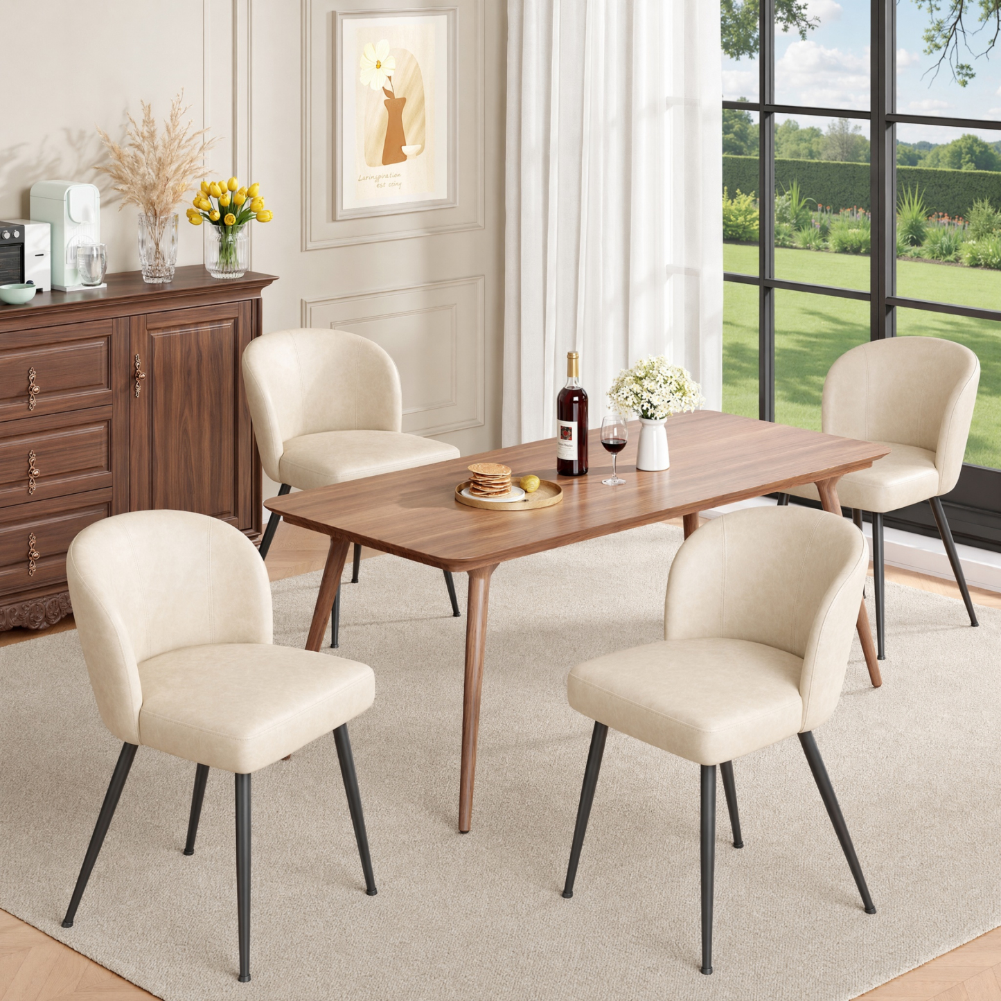 Sailvan Beige Dining Chairs Set, Modern Living Room Chairs, Leather Kitchen Chairs, Mid Century Style Upholstered Chairs for Dining room, With Cushion Seat And Metal Legs, Easy Assembly