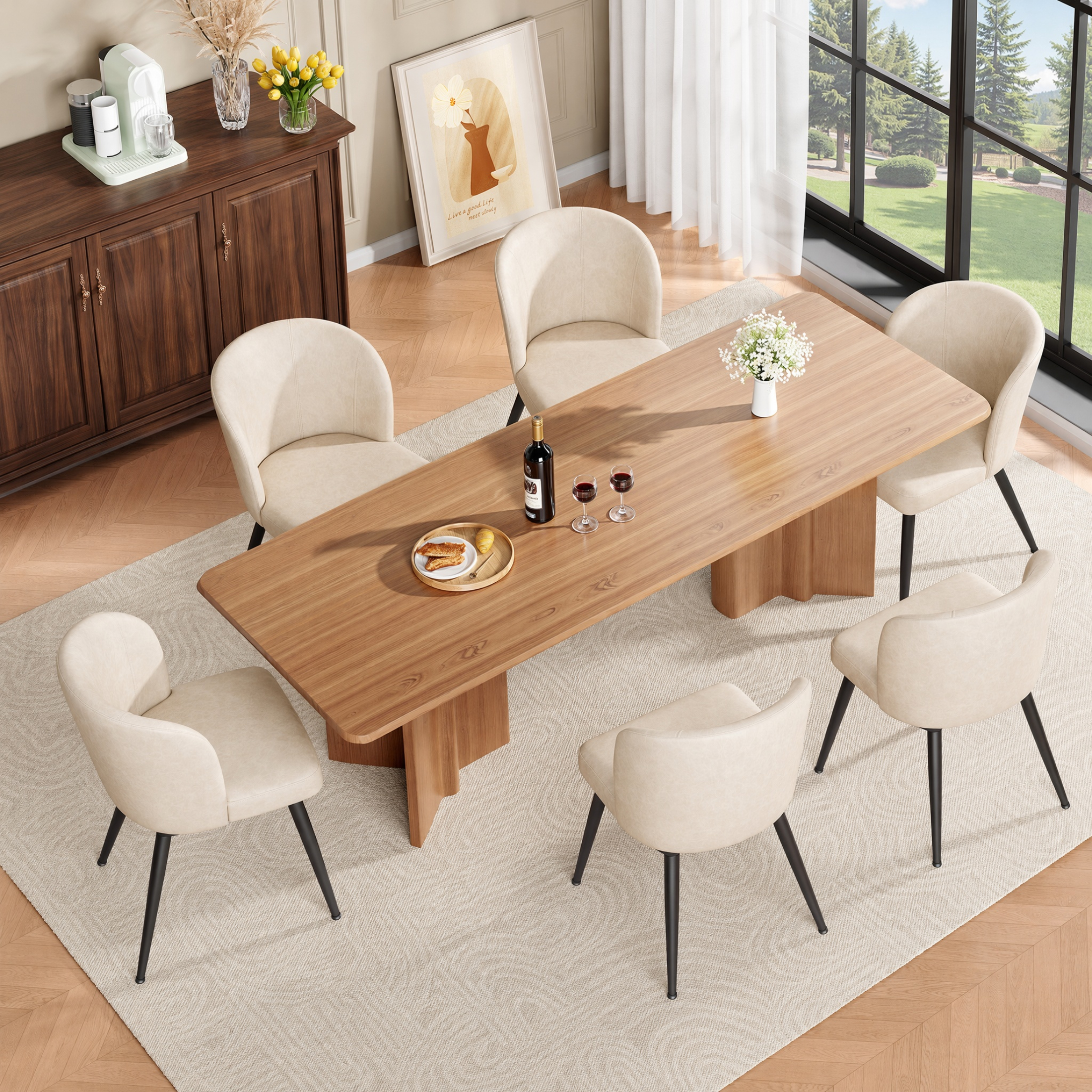 Sailvan Beige Dining Chairs Set, Modern Living Room Chairs, Leather Kitchen Chairs, Mid Century Style Upholstered Chairs for Dining room, With Cushion Seat And Metal Legs, Easy Assembly