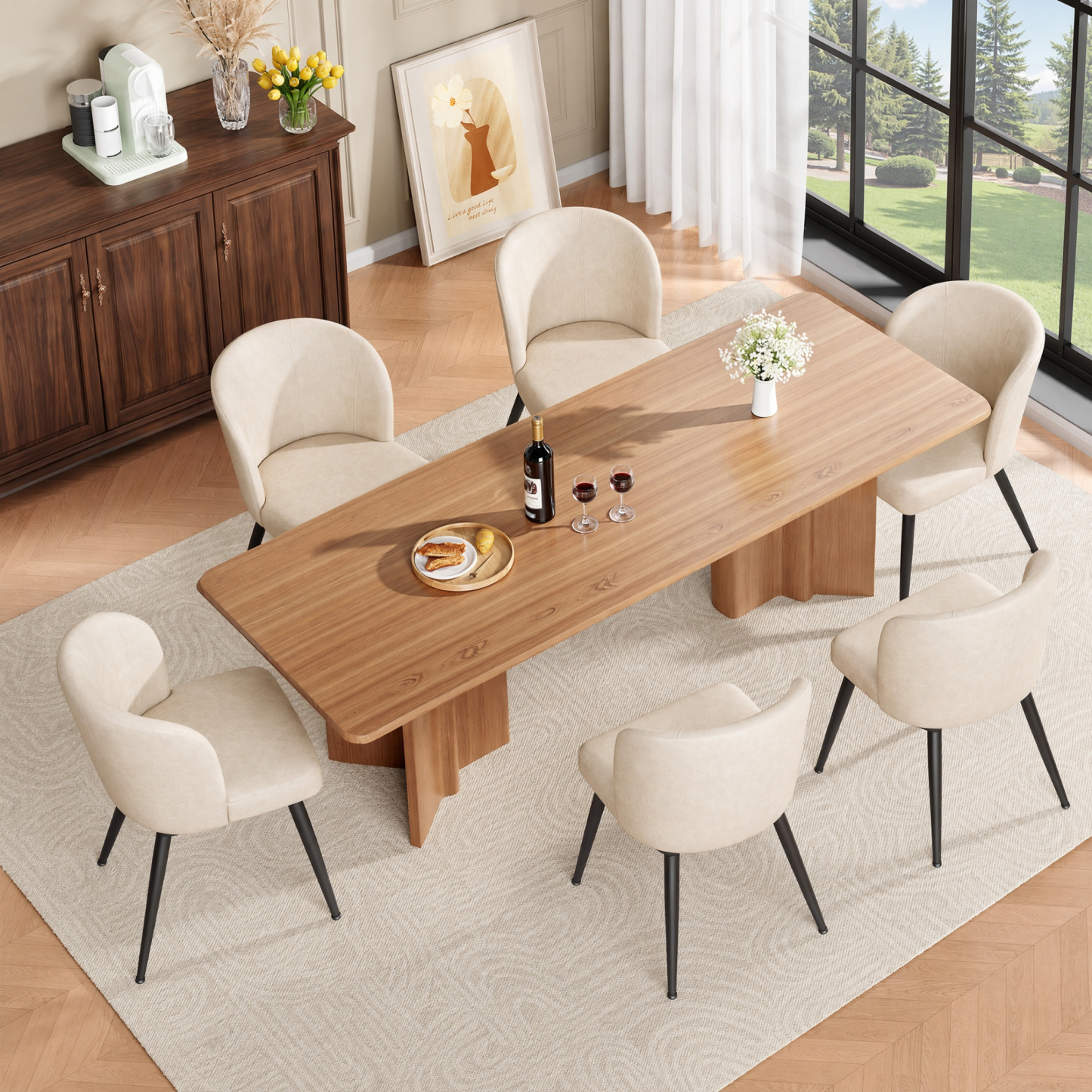 Sailvan Beige Dining Chairs Set, Modern Living Room Chairs, Leather Kitchen Chairs, Mid Century Style Upholstered Chairs for Dining room, With Cushion Seat And Metal Legs, Easy Assembly