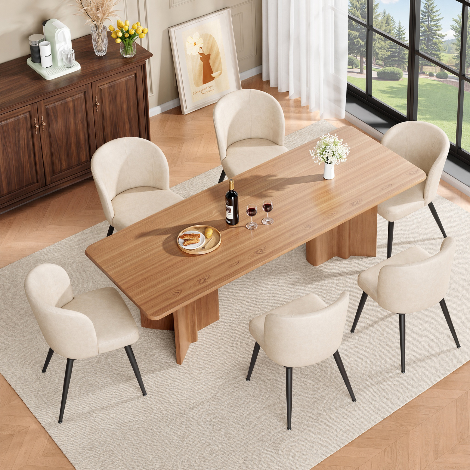 Sailvan Beige Dining Chairs Set, Modern Living Room Chairs, Leather Kitchen Chairs, Mid Century Style Upholstered Chairs for Dining room, With Cushion Seat And Metal Legs, Easy Assembly