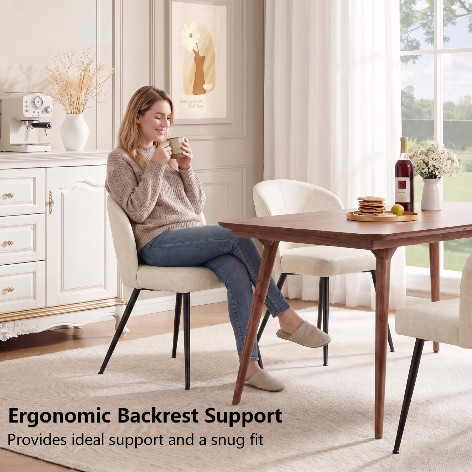 Sailvan Beige Dining Chairs Set, Modern Living Room Chairs, Leather Kitchen Chairs, Mid Century Style Upholstered Chairs for Dining room, With Cushion Seat And Metal Legs, Easy Assembly