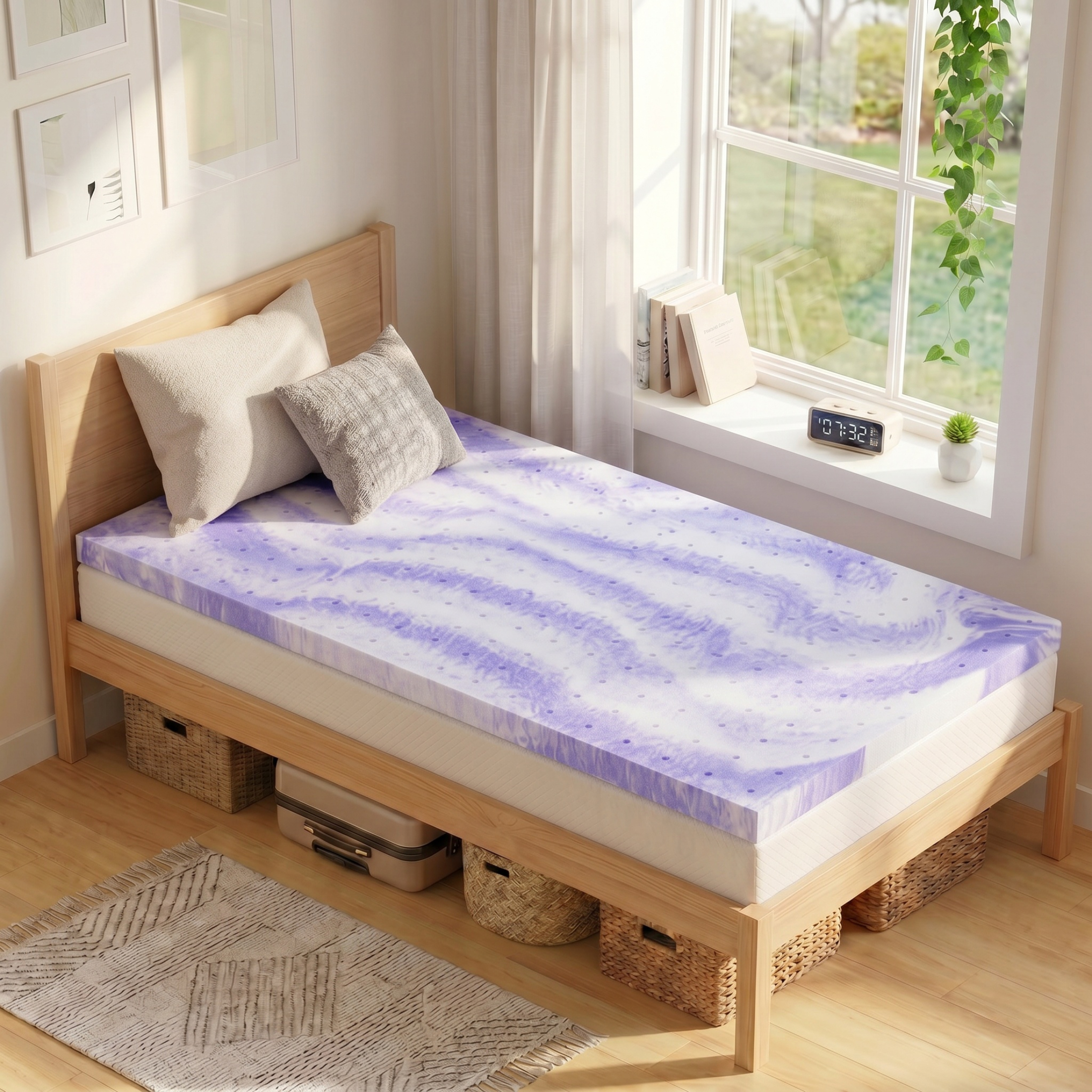 Sailvan Twin XL Mattress Topper, 3 Inch Memory Foam Mattress Topper Twin XL Size, For College Dorm, Home, Gel Infused & Breathable, Purple& White