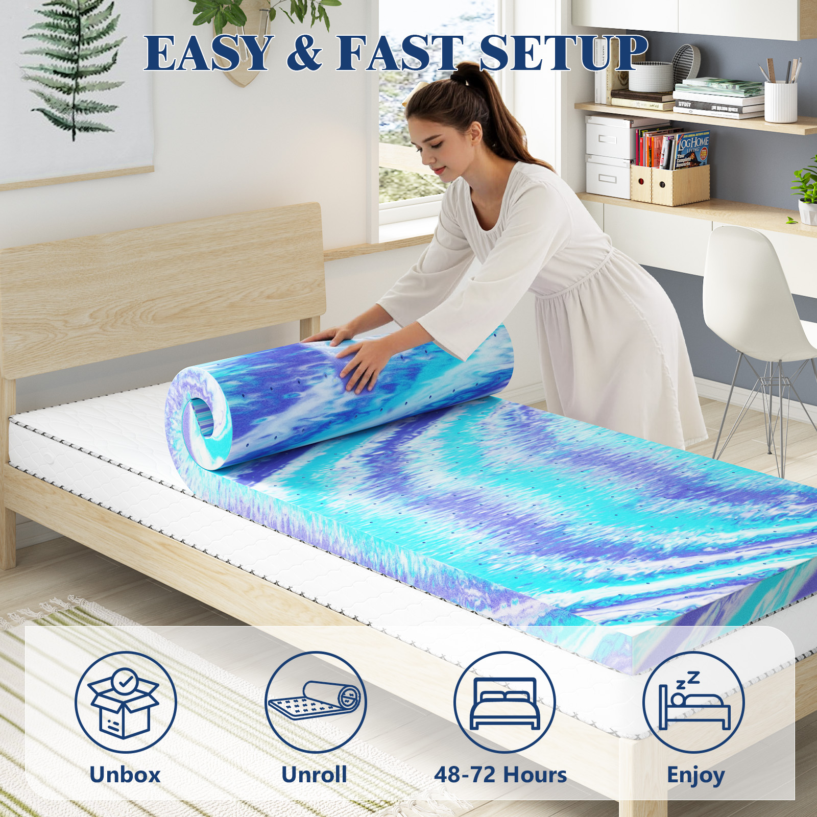 Mattress Topper, Twin XL Size Memory Foam Cooling Mattress Pad, for Bedroom, Dormitory, Folding Bed Pad for Camping, Moving