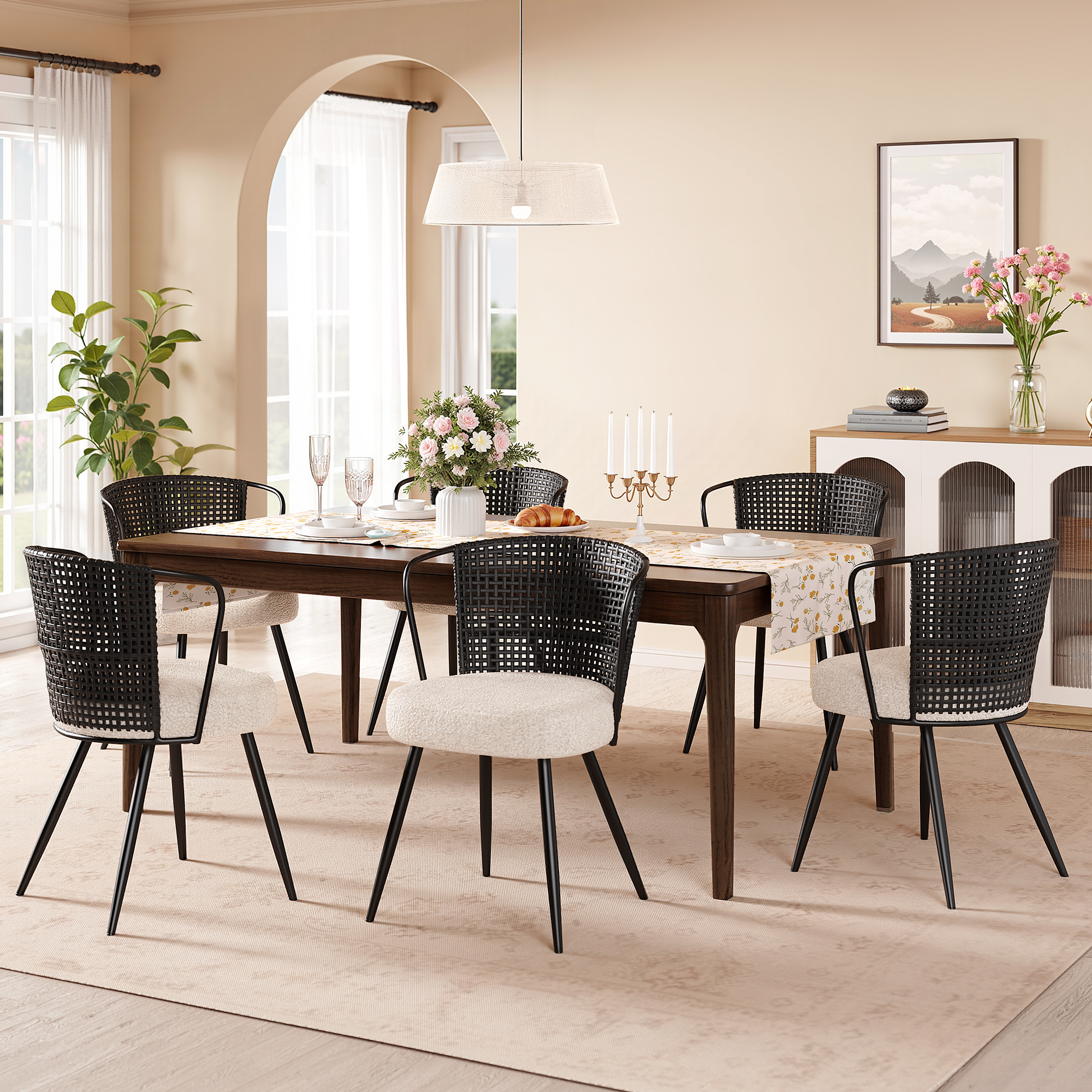 Sailvan Dining Chair Set, Upholstered Kitchen & Dining Room Chairs Tufted Accent Chairs with Rattan Backrest & Lamb Fleece Fabric Cushion, Wingback Dining Room Seat, Black