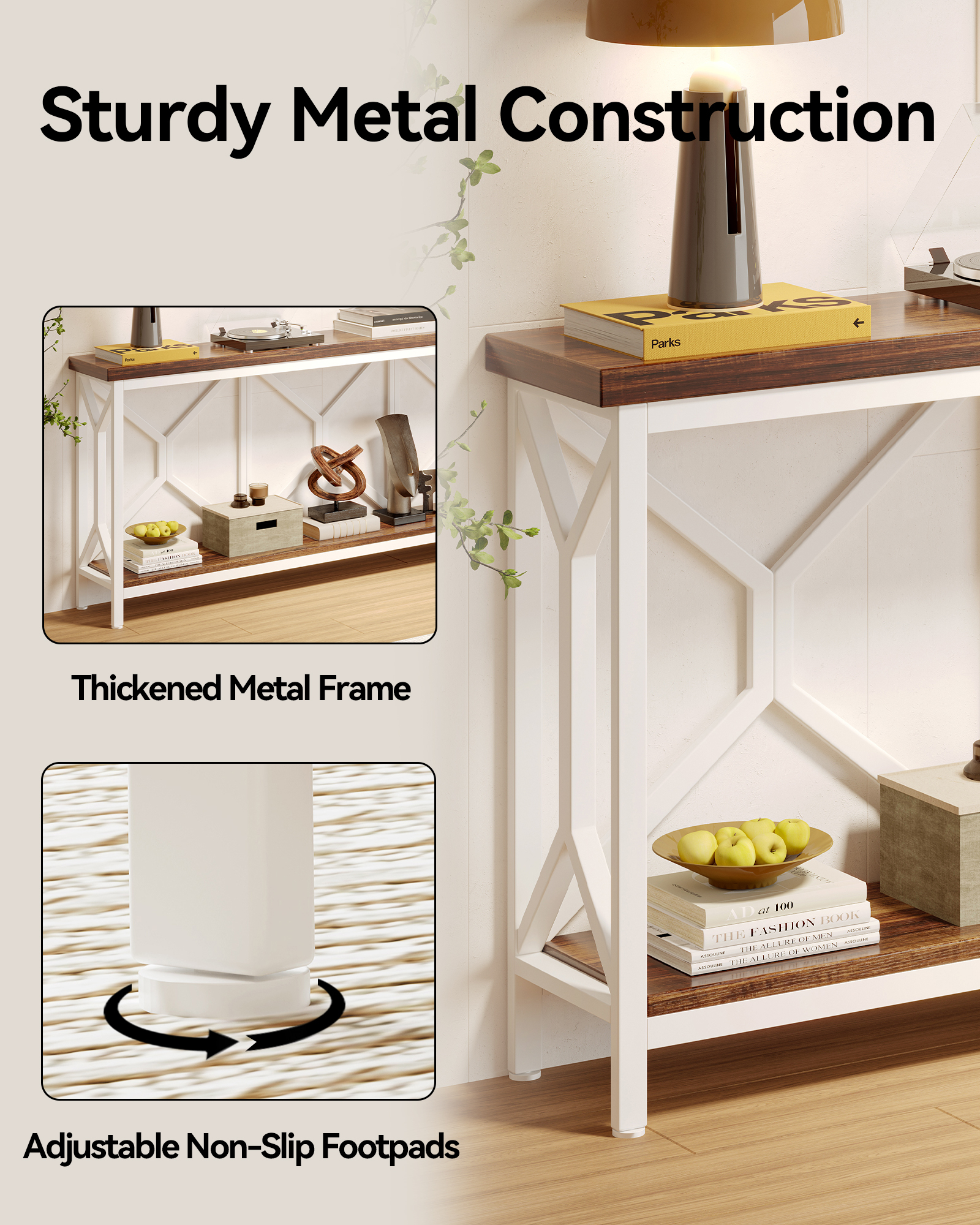 Sailvan 70.9" Extra Long Entryway Table, Narrow Wood Industria Console Table Behind Couch with Large Storage Space, Thick Sofa Table for Hallway, Entryway, Living Room, Foyer, Walnut and White