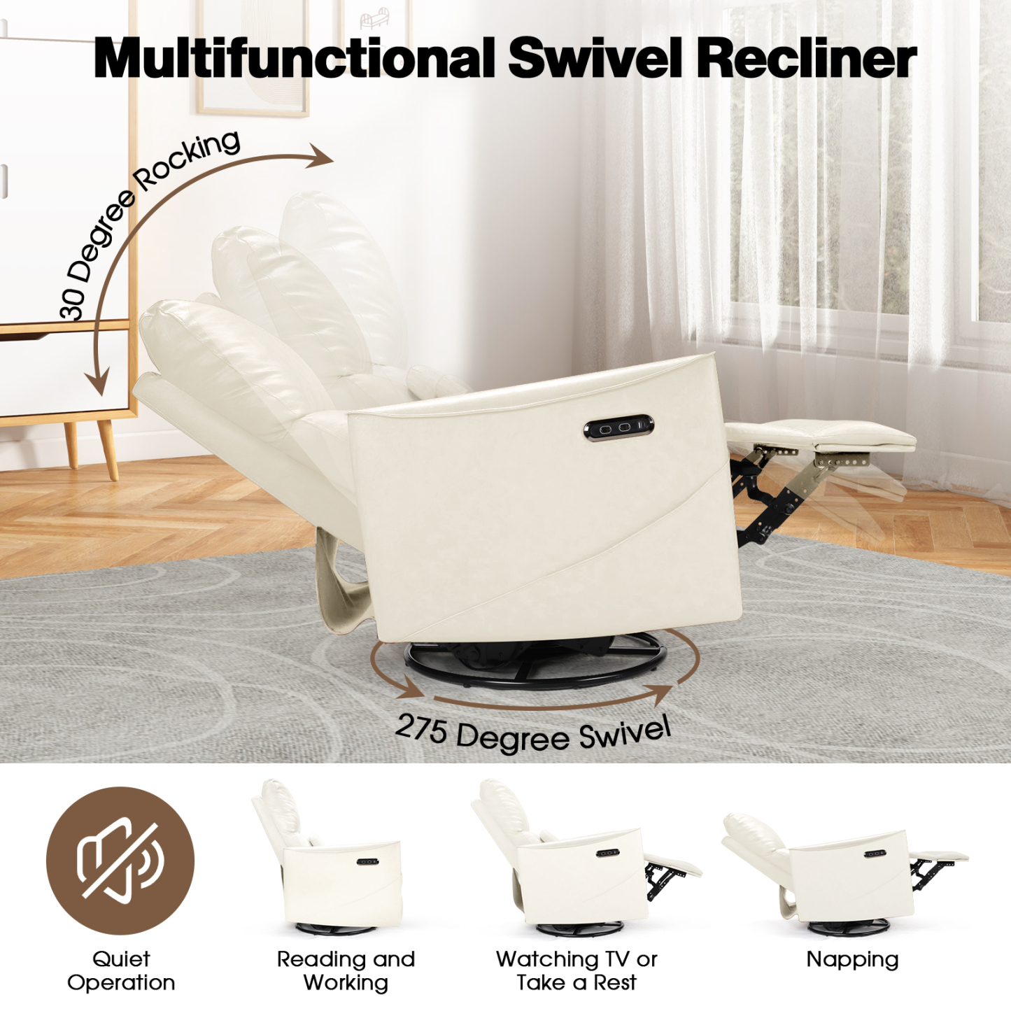 Susalt Power Swivel Rocker Recliner Chair for Adults, Upholstered Faux Leather Glider Nursery Recliner, Electric Recliner with USB Type-C Ports, for Living Room, Office