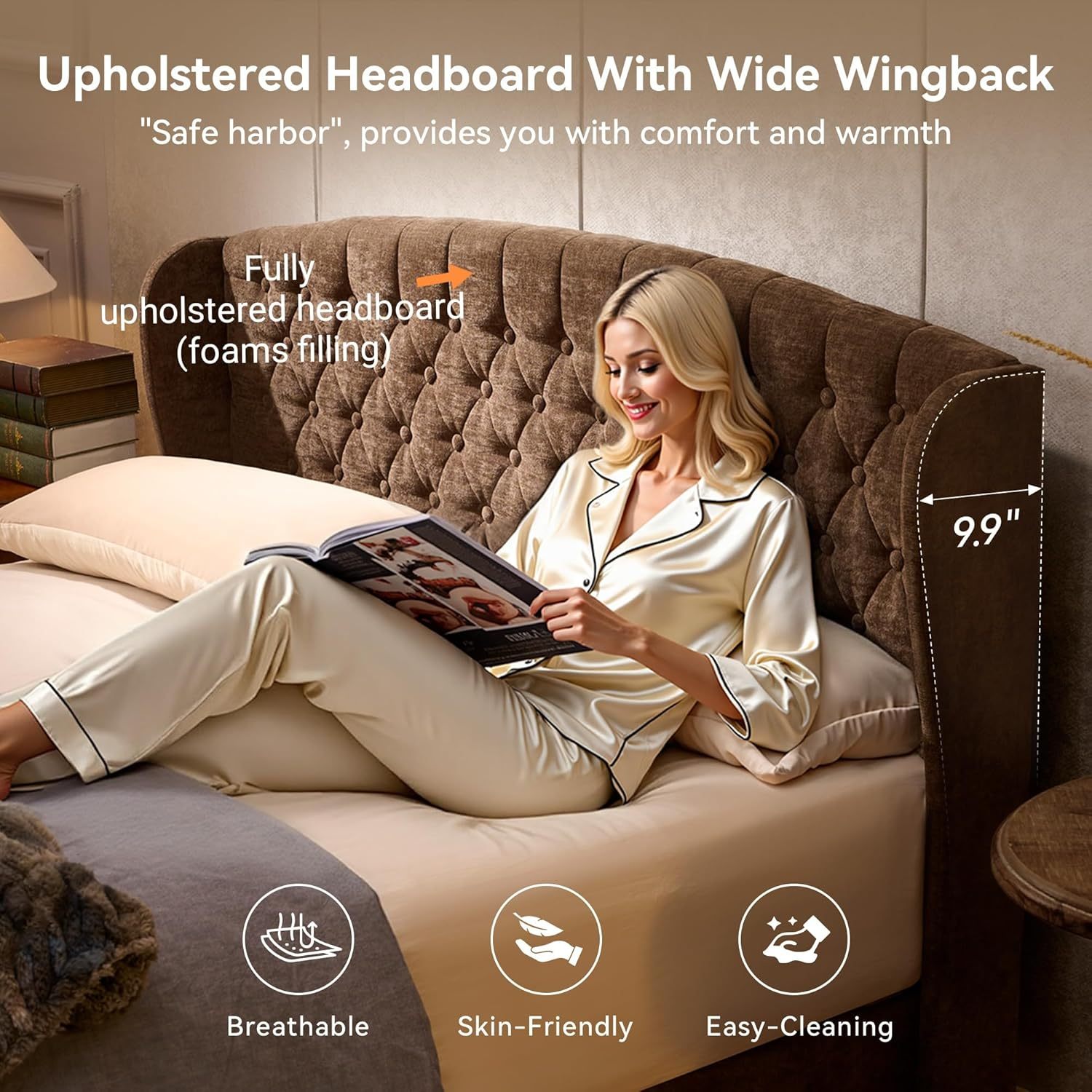 Susalt Queen Size Platform Bed Frame, Chenille Upholstered Sleigh Bed Frame with Scroll Footboard, Button Tufted/Wood Slats Support/No Box Spring Needed