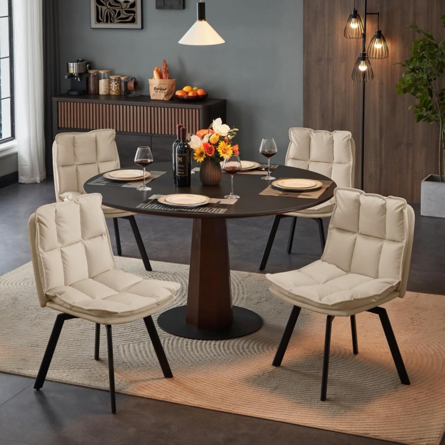 Sailvan Swivel Dining Chair Set, Faux Leather Upholstered Kitchen Chair, Mid Century Modern Dining Room Chair with Rotating Seats and Metal Legs for Home, Restaurant, Office (Black)