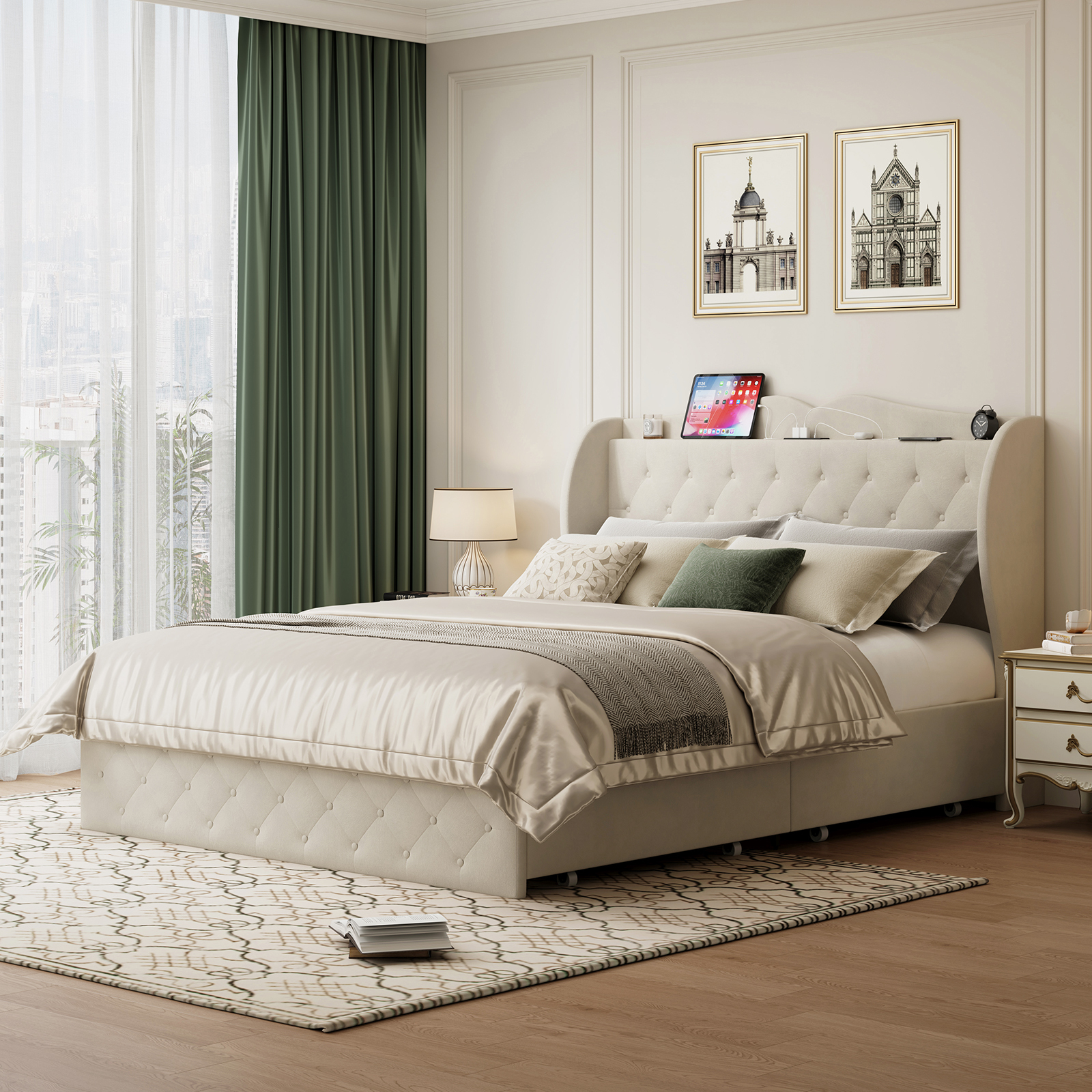 Sailvan Queen Bed Frame with Tall Wingback Headboard,Upholstered Platform Bed Frame with Charging Station, 4 Storage Drawers, Button Tufted, Easy Assembly, No Box Spring Needed, Beige