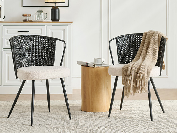 Sailvan Set of 2/4/6 Dining Chairs, Upholstered Rattan Kitchen & Dining Room Chairs with Rattan Backrest & Boucle Cushion, Farmhouse Dining Room Chair with Metal Leg