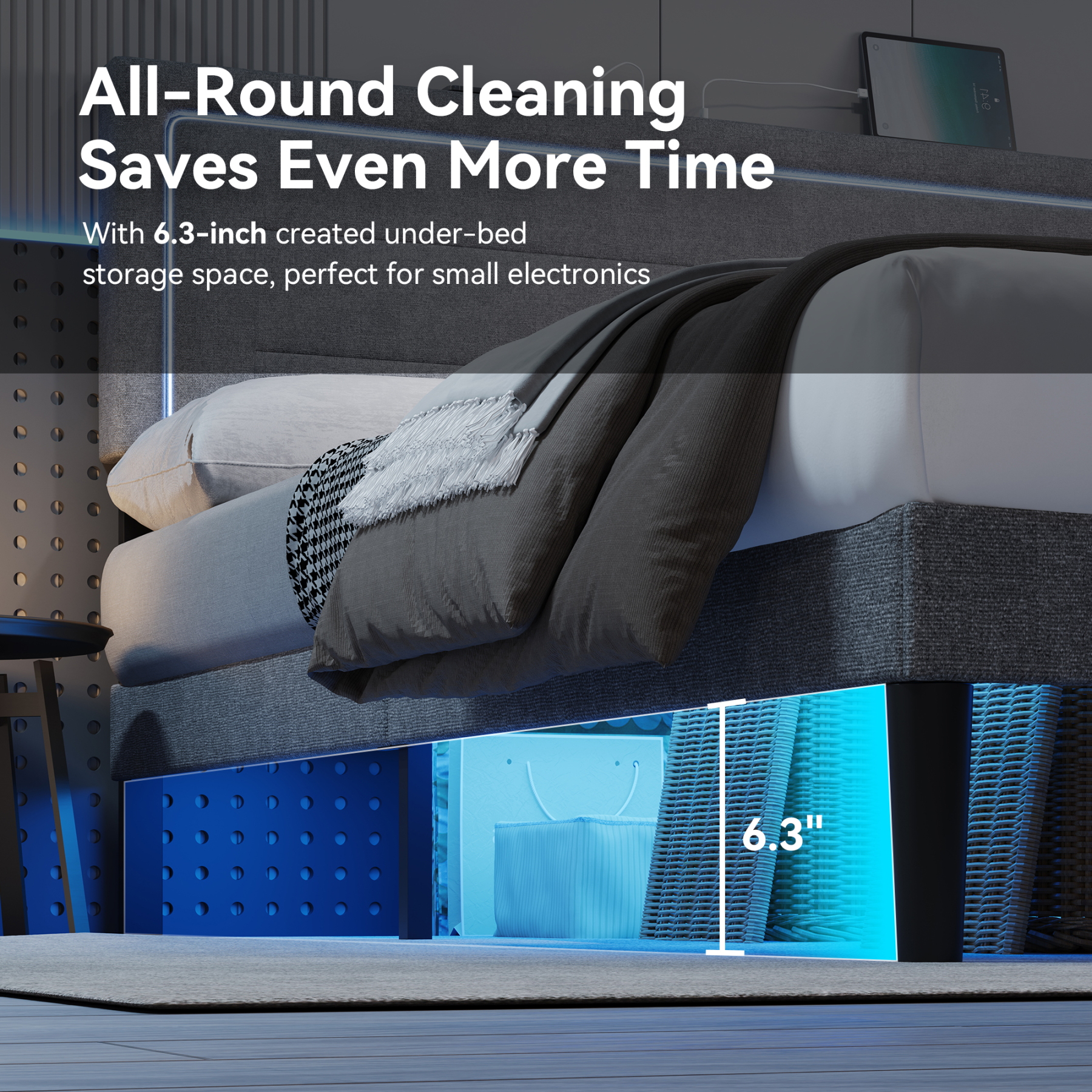 Sailvan Queen Bed Frame with LED Lights and Headboard,Upholstered Platform Bed Frame Queen Size with USB Charging Station,No Box Spring Needed,Sturdy Frame and Noise Free,Grey