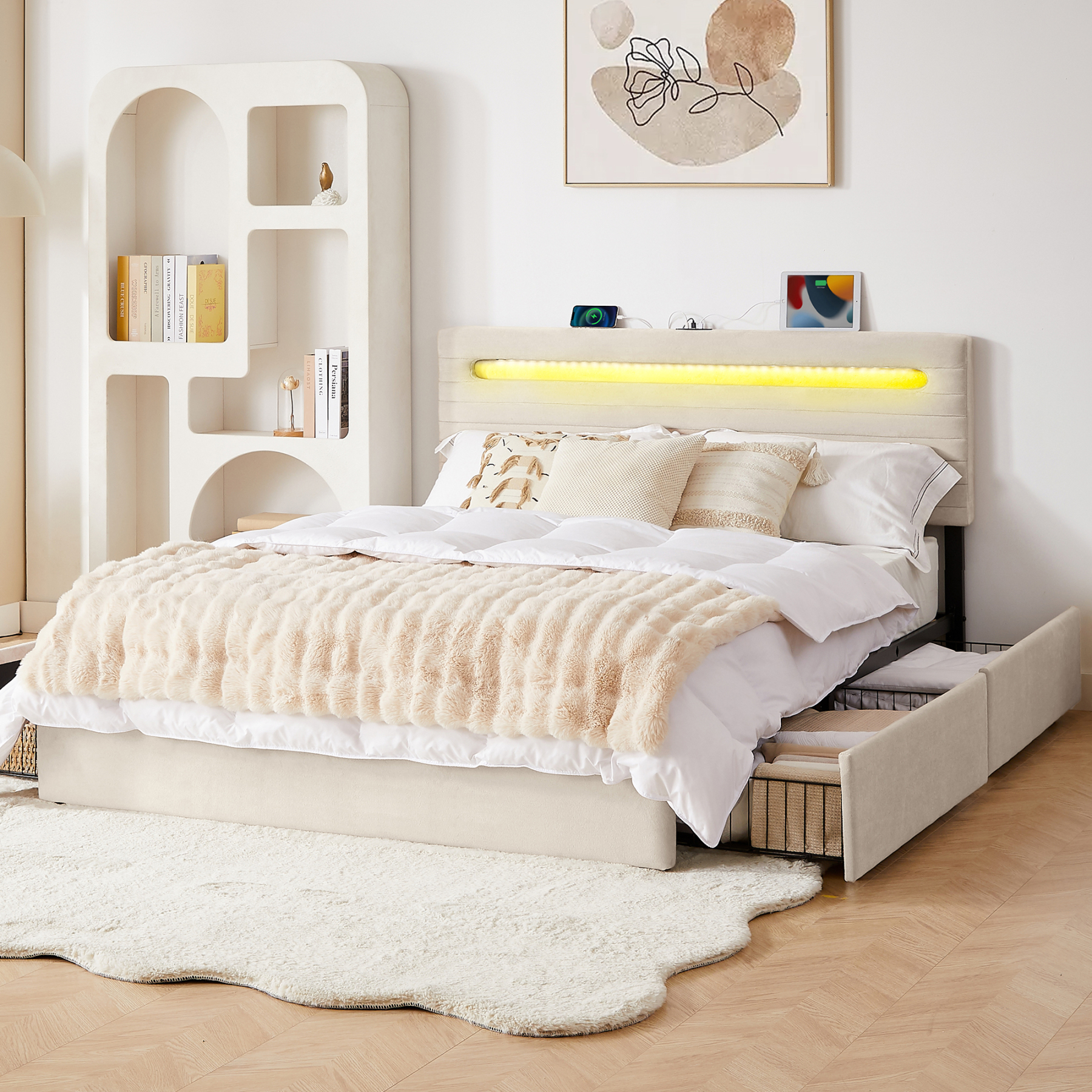 Sailvan Bed Frame with 4 Storage Drawers, Velvet Upholstered LED Bedframe with Charging Station and headboard, Wood Slats Support, No Box Spring Needed,