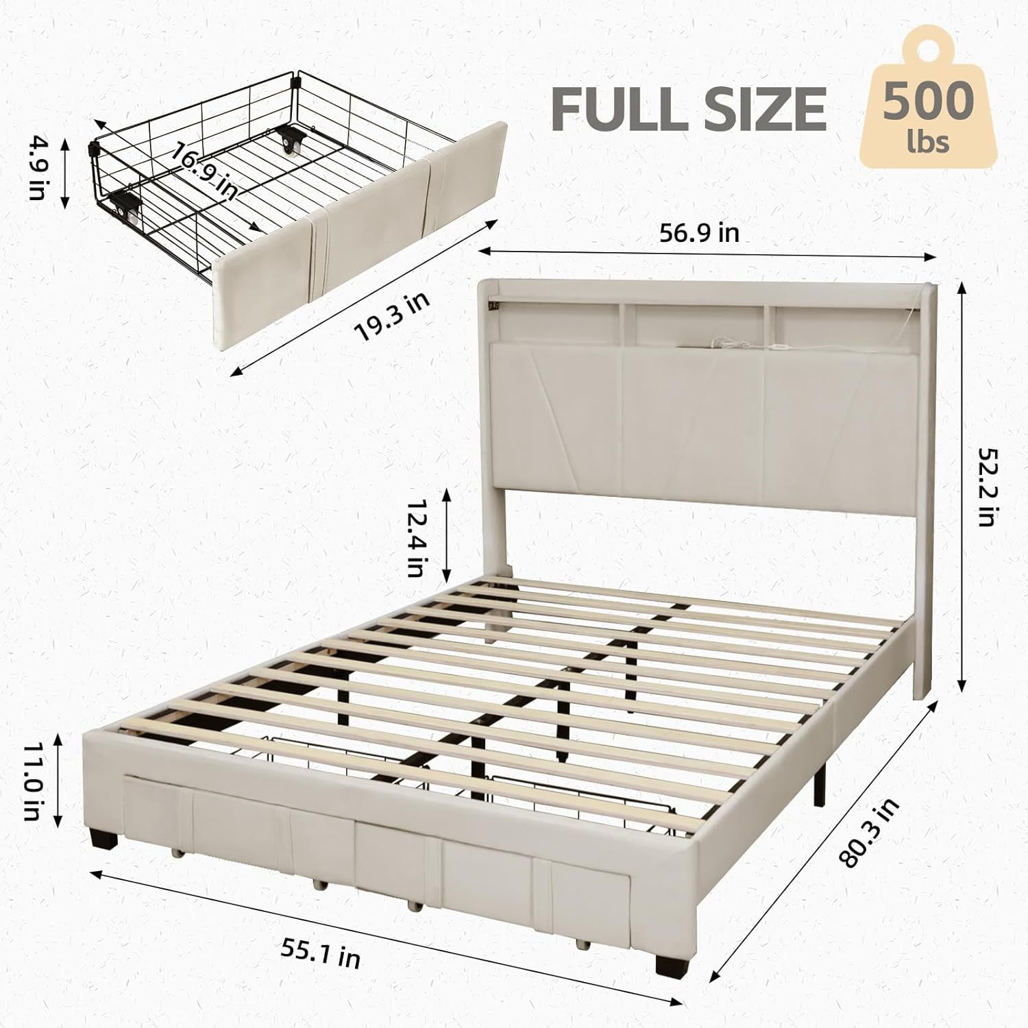 Susalt Bed Frame with Storage Headboard, Upholstered Bed Wooden Platform Bed with Drawers & RGB LED Lights