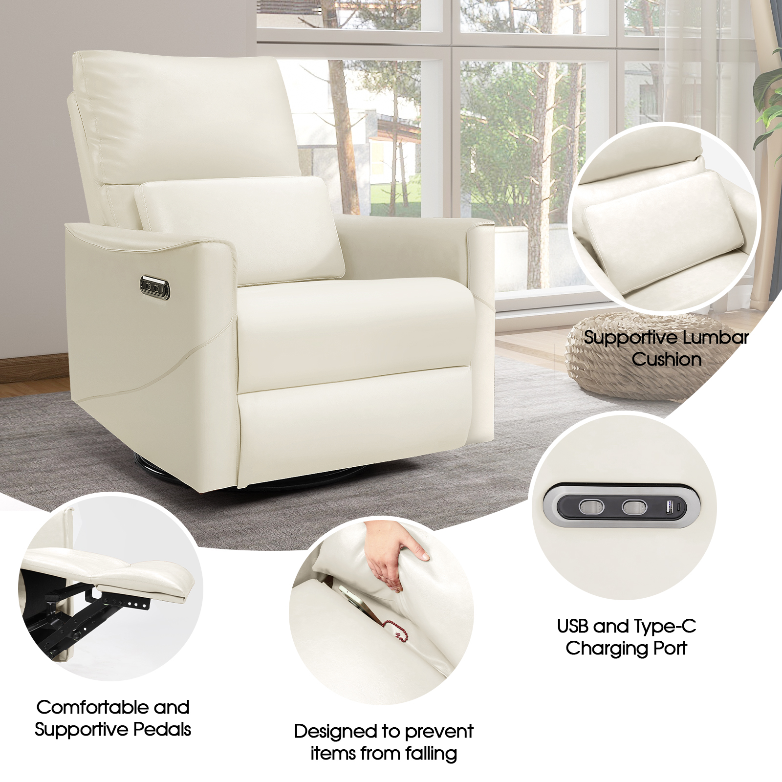 Susalt Power Swivel Rocker Recliner Chair for Adults, Upholstered Faux Leather Glider Nursery Recliner, Electric Recliner with USB Type-C Ports, for Living Room, Office