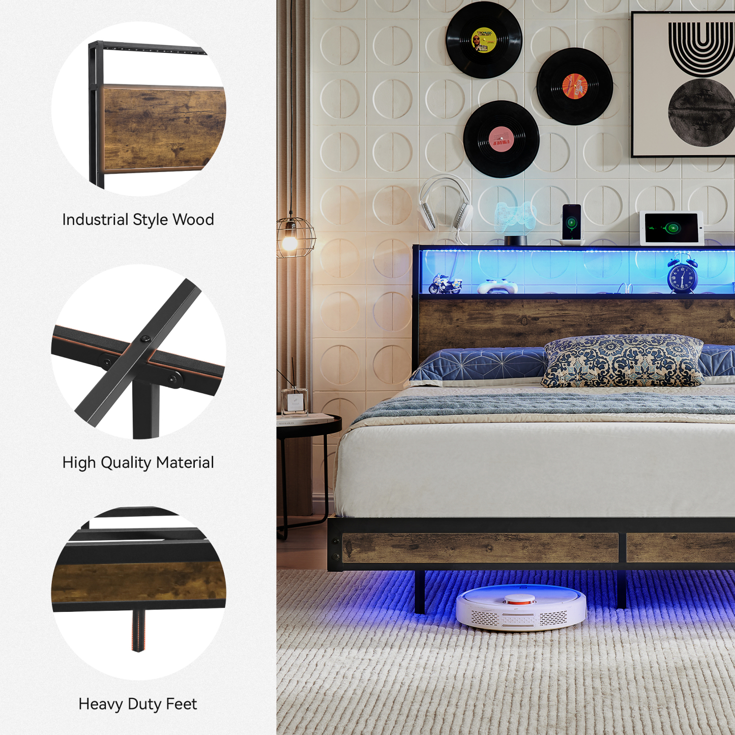 Sailvan Bed Frame, Platform Bed Frame with Headboard and Storage Shelves, LED Light with Metal Slats, Outlets & USB, Dark Brown, Mattress Not Included