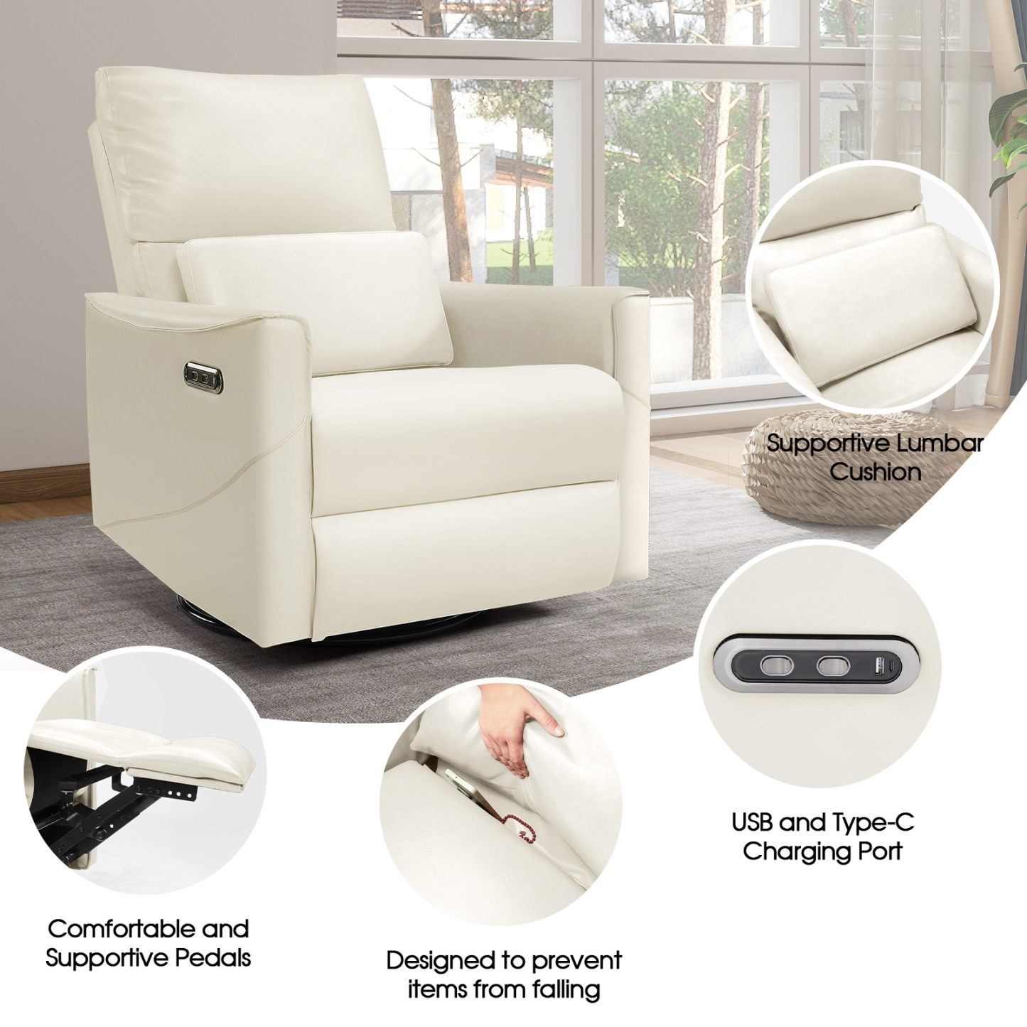 Susalt Power Swivel Rocker Recliner Chair for Adults, Upholstered Faux Leather Glider Nursery Recliner, Electric Recliner with USB Type-C Ports, for Living Room, Office