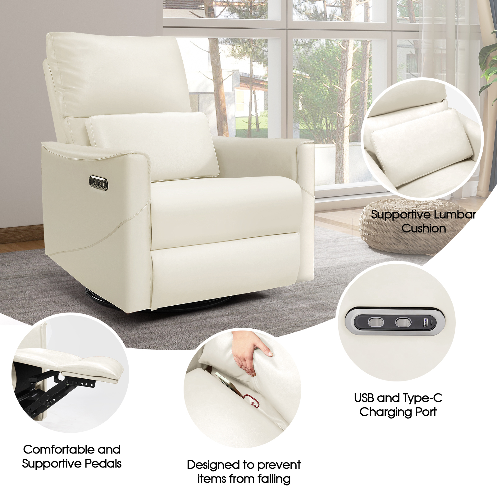 Susalt Power Swivel Rocker Recliner Chair for Adults, Upholstered Faux Leather Glider Nursery Recliner, Electric Recliner with USB Type-C Ports, for Living Room, Office