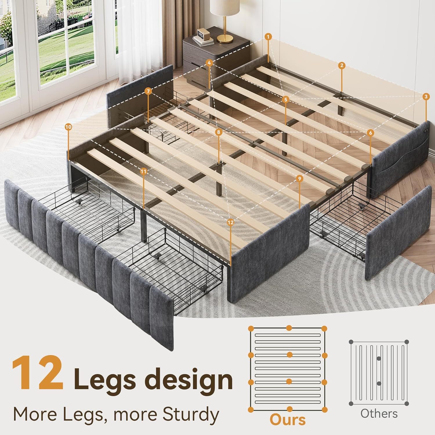Queen Bed Frame with 4 Storage Drawers & Charging Station, Heavy Duty Wood Beds for Dorms Apartment, Easy Assembly Gray Bed with 1000lbs Capacity, No Box Spring Needed, Noise Free