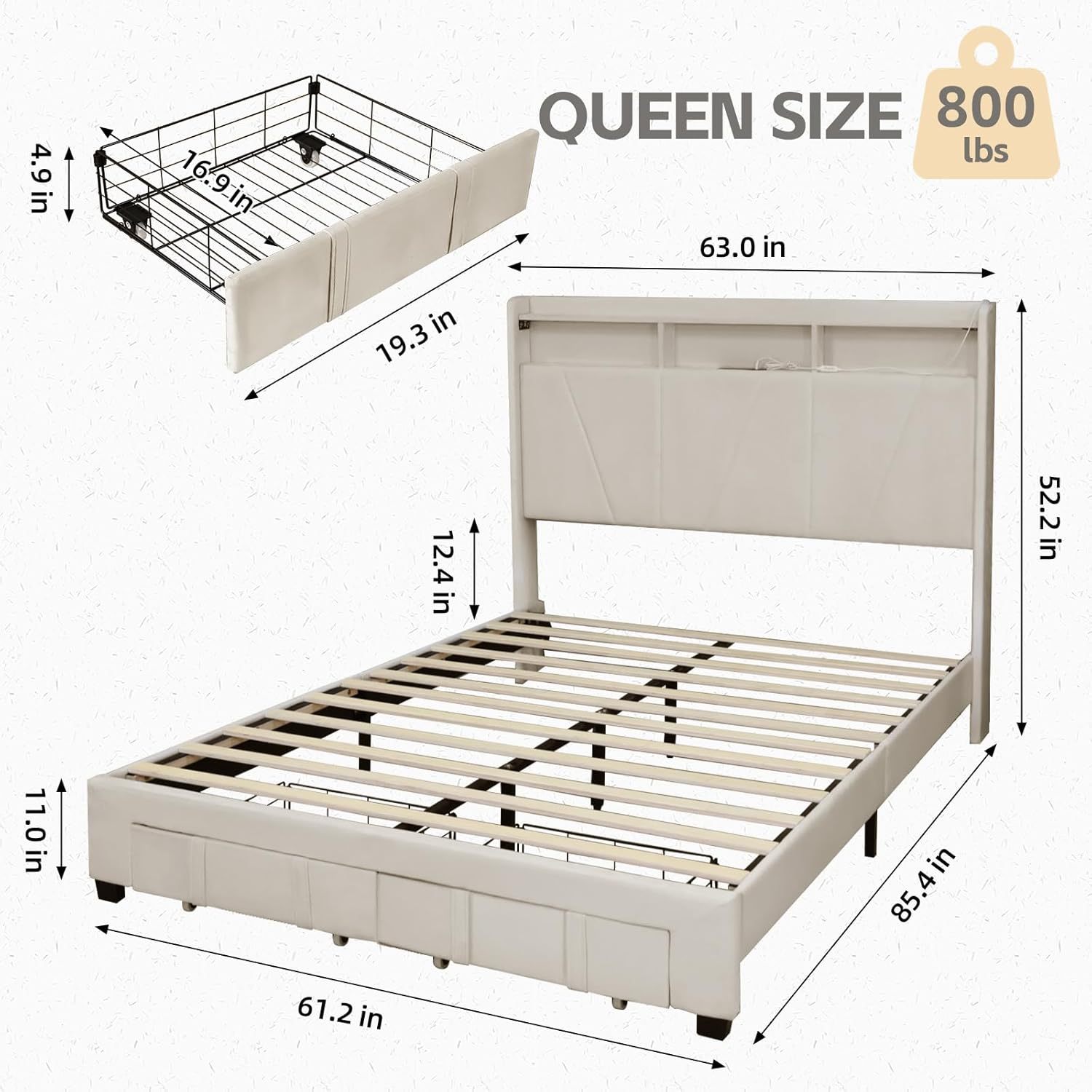 Susalt Bed Frame with Storage Headboard, Upholstered Bed Wooden Platform Bed with Drawers & RGB LED Lights