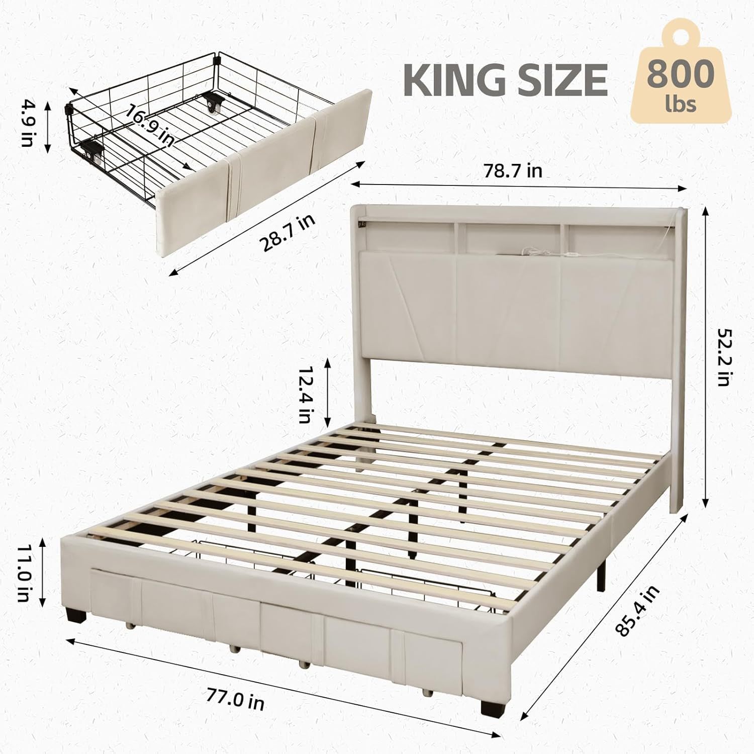 Susalt Bed Frame with Storage Headboard, Upholstered Bed Wooden Platform Bed with Drawers & RGB LED Lights