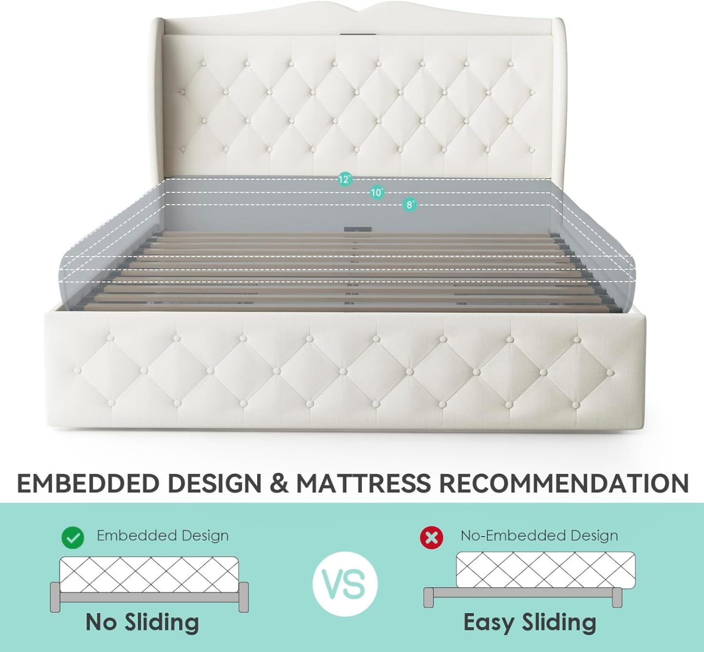 Sailvan Queen Bed Frame with Tall Wingback Headboard,Upholstered Platform Bed Frame with Charging Station, 4 Storage Drawers, Button Tufted, Easy Assembly, No Box Spring Needed, Beige