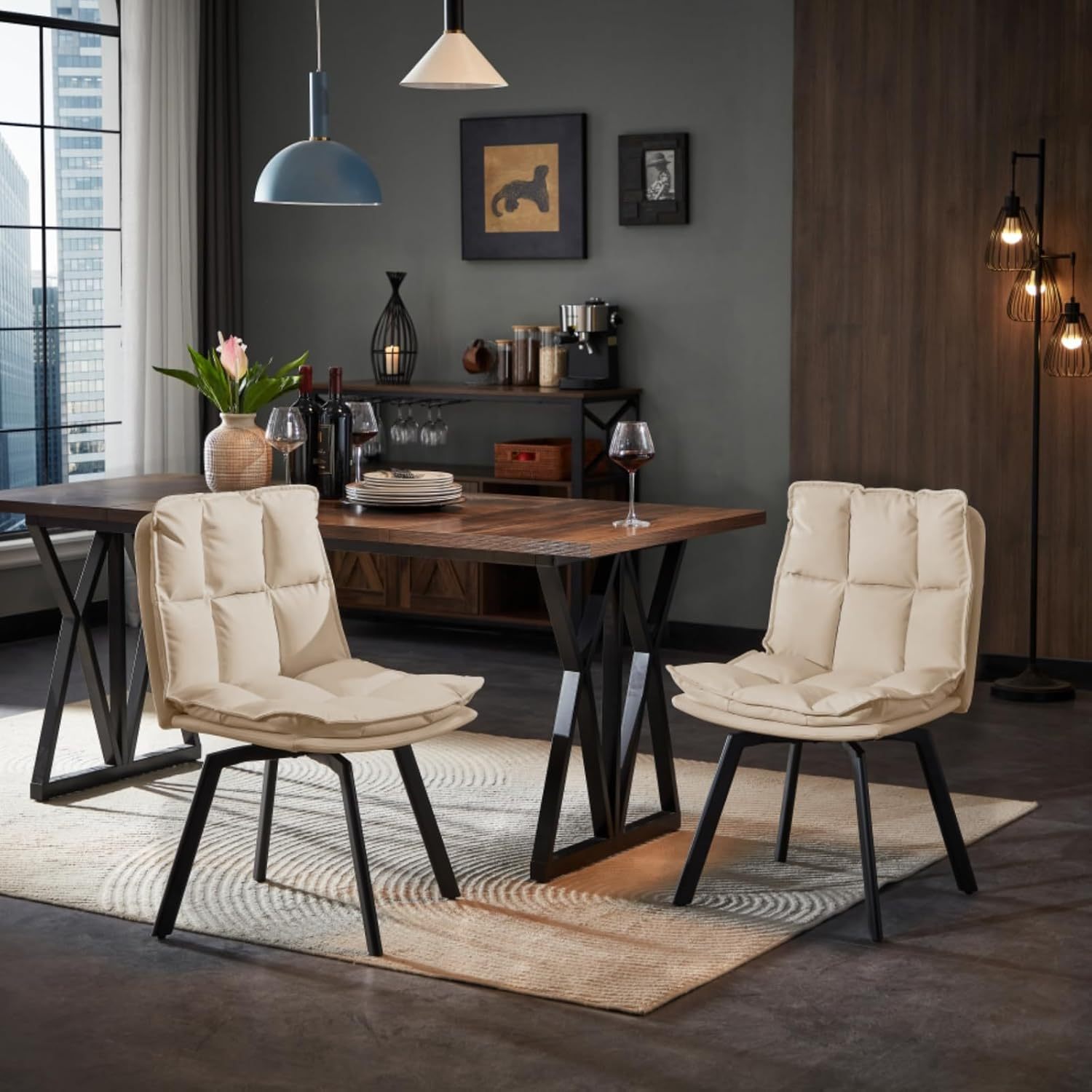 Sailvan Swivel Dining Chair Set, Faux Leather Upholstered Kitchen Chair, Mid Century Modern Dining Room Chair with Rotating Seats and Metal Legs for Home, Restaurant, Office (Black)