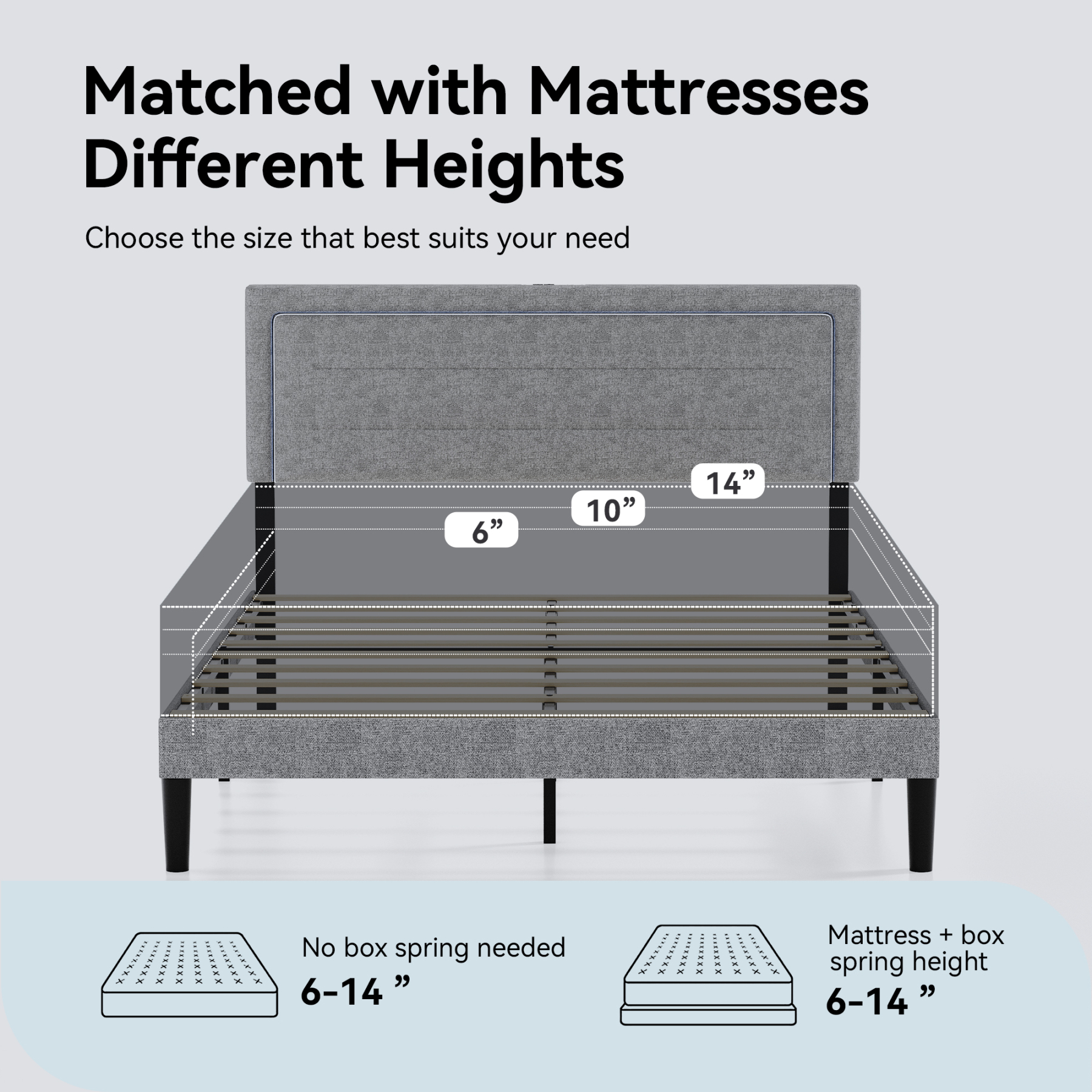 Sailvan Queen Bed Frame with LED Lights and Headboard,Upholstered Platform Bed Frame Queen Size with USB Charging Station,No Box Spring Needed,Sturdy Frame and Noise Free,Grey