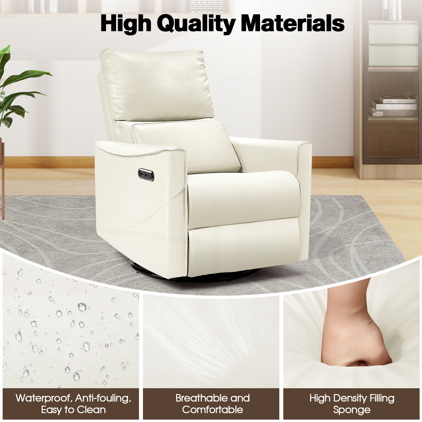 Susalt Power Swivel Rocker Recliner Chair for Adults, Upholstered Faux Leather Glider Nursery Recliner, Electric Recliner with USB Type-C Ports, for Living Room, Office