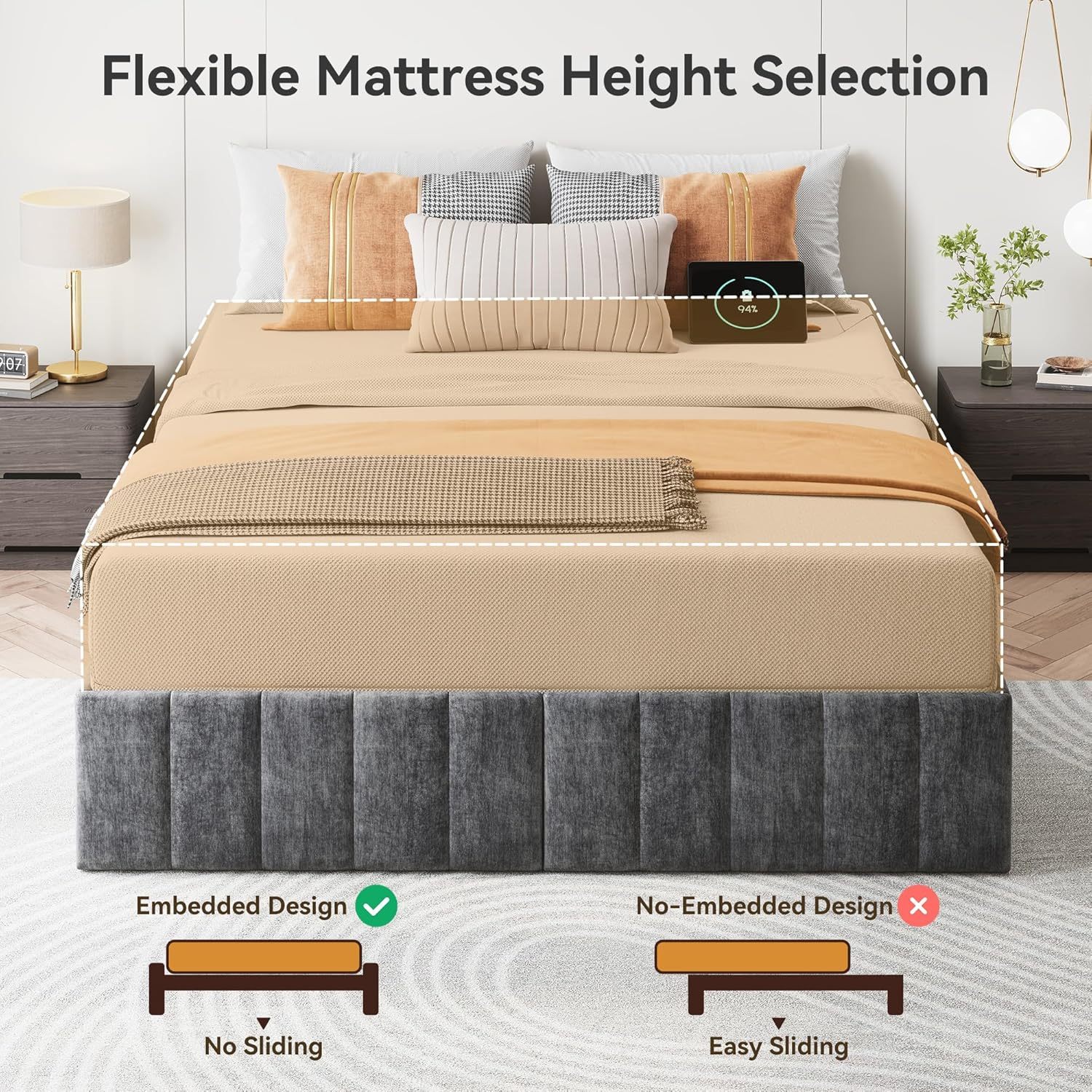 Queen Bed Frame with 4 Storage Drawers & Charging Station, Heavy Duty Wood Beds for Dorms Apartment, Easy Assembly Gray Bed with 1000lbs Capacity, No Box Spring Needed, Noise Free