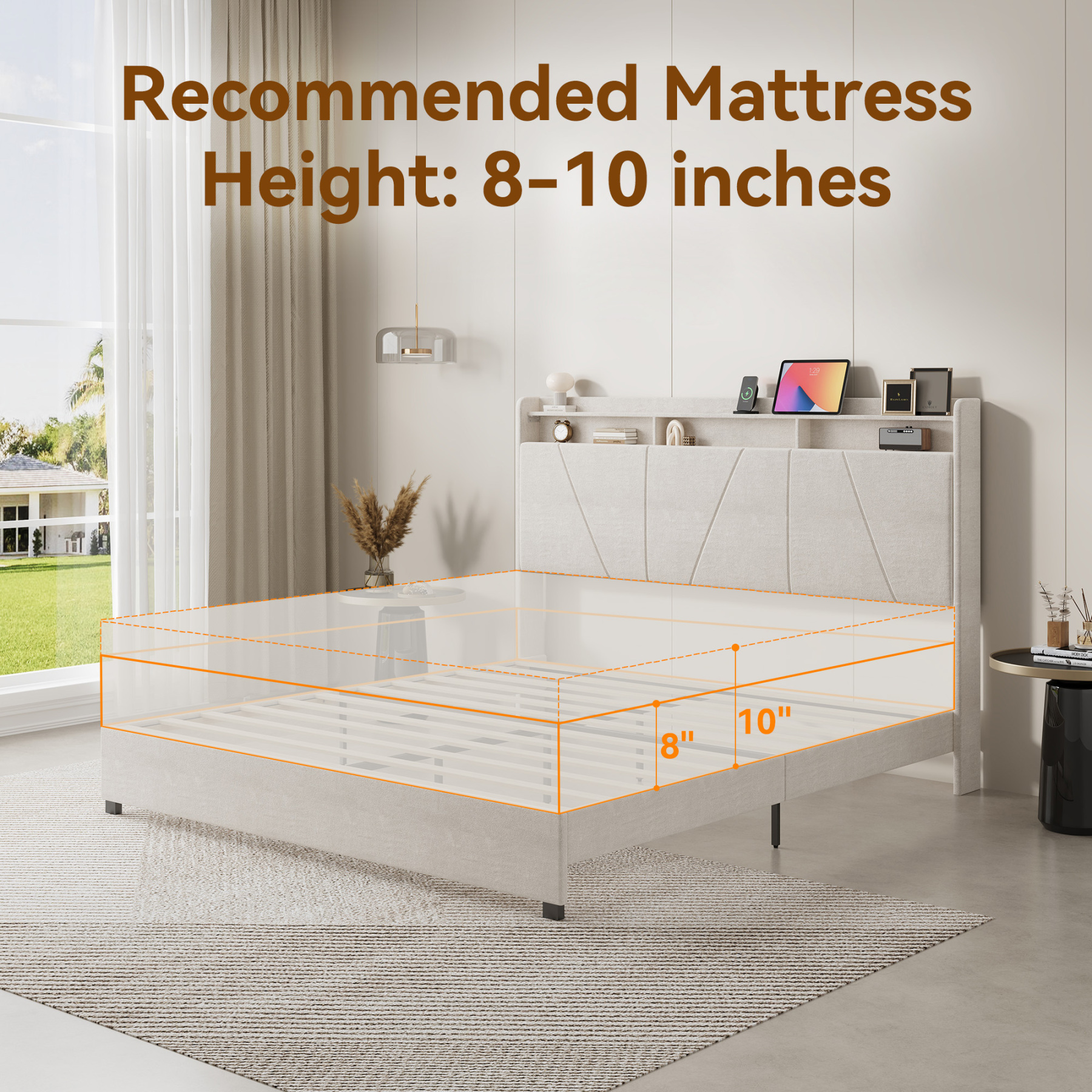 Sailvan Queen Size Bed Frame Upholstered Platform Queen Size Bed Frame with 52" Velvet Tall Headboard Wingback,No Box Spring Needed, Noise Free/Easy Assembly, Beige