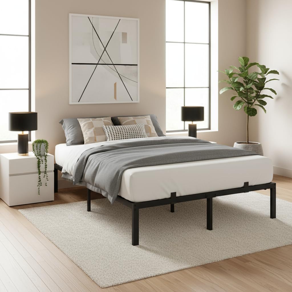 Sailvan 14" Queen Bed Frame, Strong Metal Beds with Anti-slip Guards & Under Storage, Heavy Duty Mattress Foundation, Black