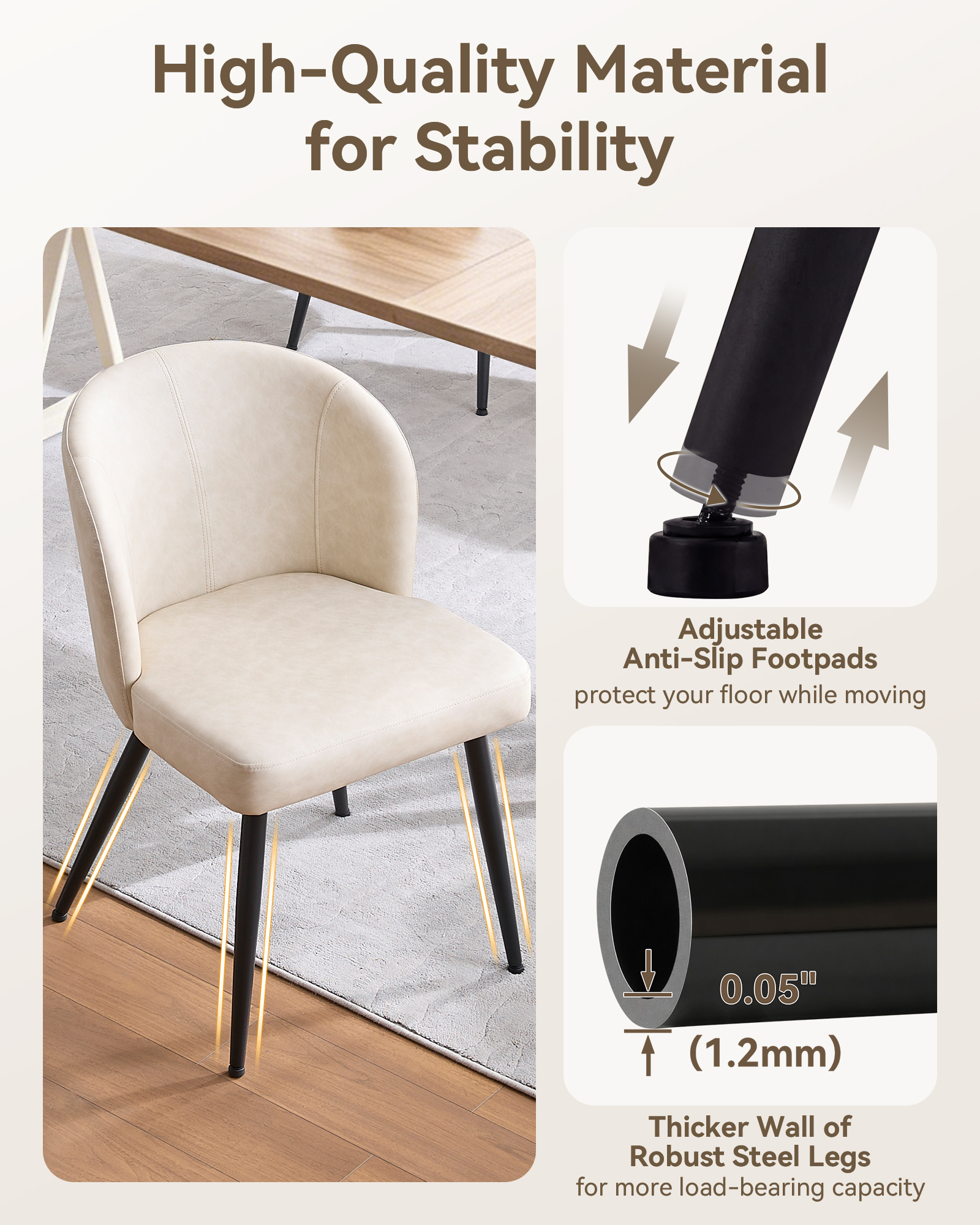 Sailvan Beige Dining Chairs Set, Modern Living Room Chairs, Leather Kitchen Chairs, Mid Century Style Upholstered Chairs for Dining room, With Cushion Seat And Metal Legs, Easy Assembly