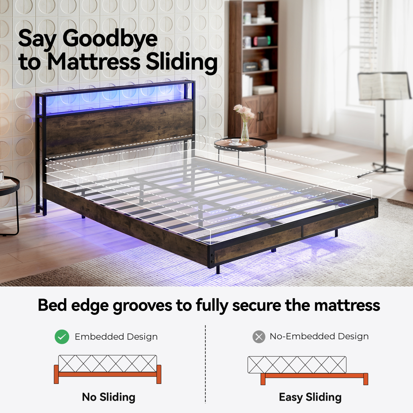 Sailvan Bed Frame, Platform Bed Frame with Headboard and Storage Shelves, LED Light with Metal Slats, Outlets & USB, Dark Brown, Mattress Not Included