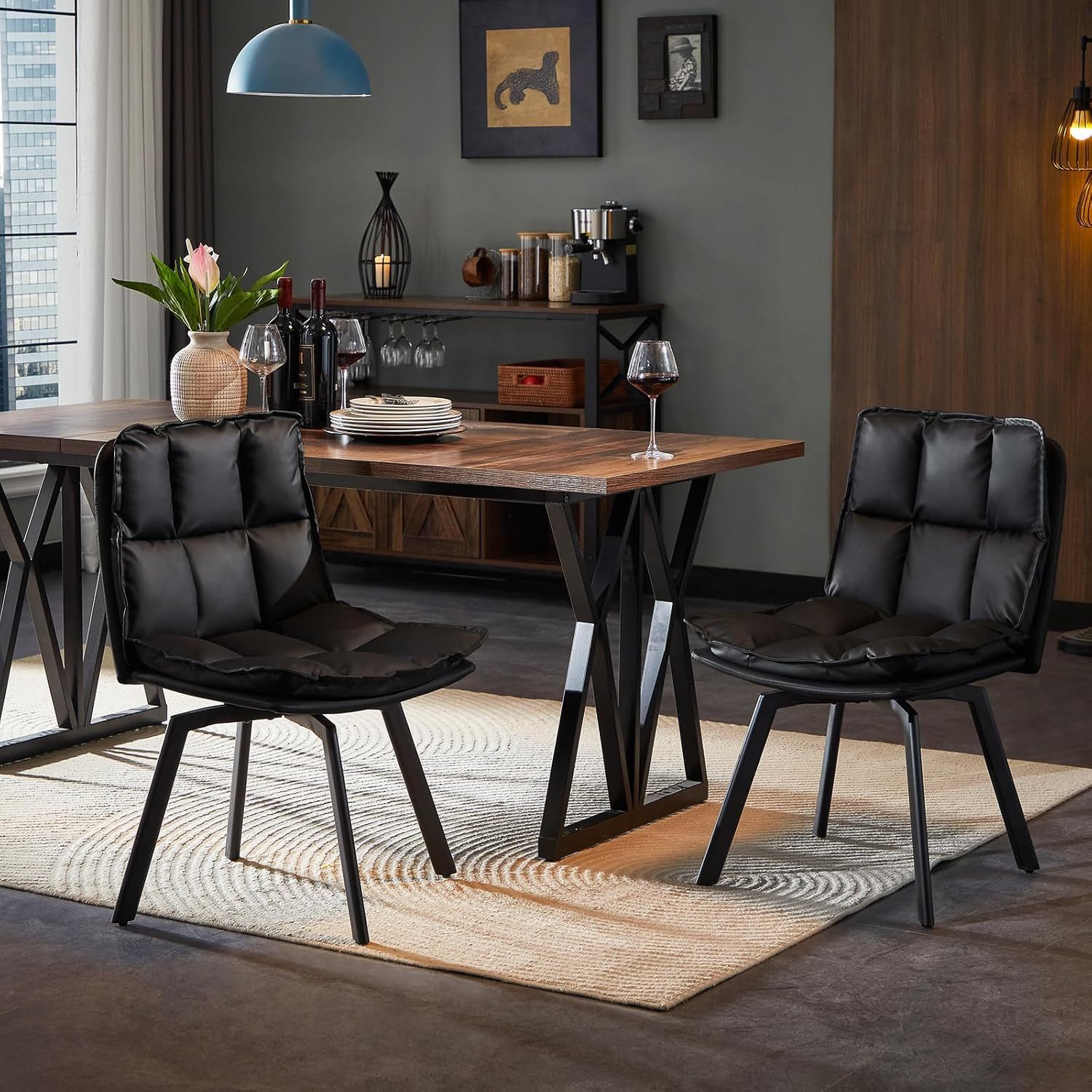 Sailvan Swivel Dining Chair Set, Faux Leather Upholstered Kitchen Chair, Mid Century Modern Dining Room Chair with Rotating Seats and Metal Legs for Home, Restaurant, Office (Black)