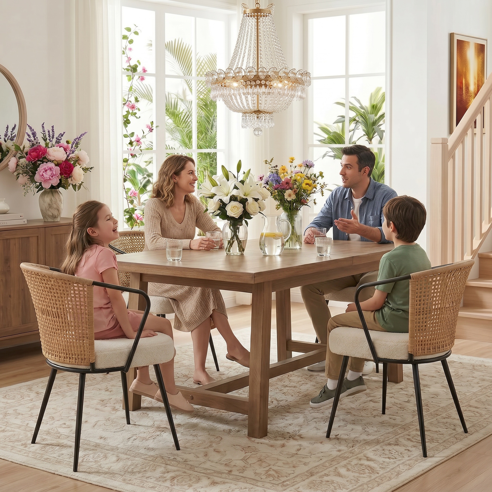 Sailvan Set of 2/4/6 Dining Chairs, Upholstered Rattan Kitchen & Dining Room Chairs with Rattan Backrest & Boucle Cushion, Farmhouse Dining Room Chair with Metal Leg