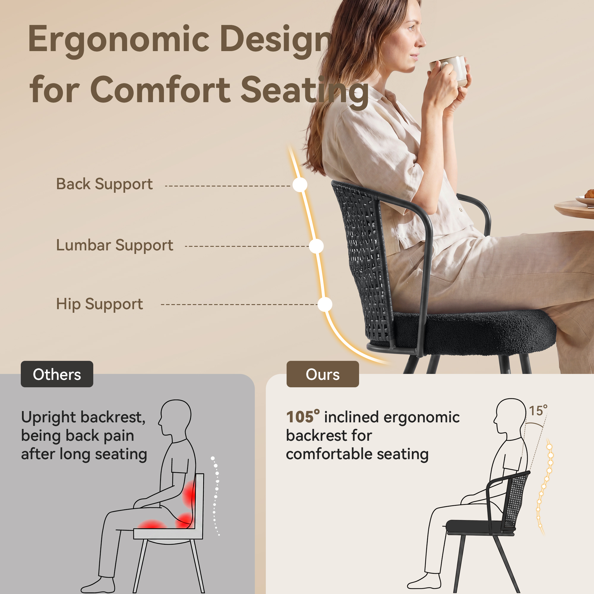 Sailvan Dining Chair Set, Accent Rattan Dining Room Chairs, Modern Kitchen Chairs with Lamb Fleece Cushion, Mid Century Style Living Room Chairs, Easy Assembly, Black